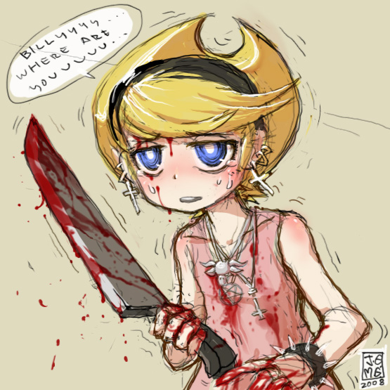j-e-m-g, mandy, cartoon network, the grim adventures of billy & mandy, psycho, blonde hair, blood, bracelet, cross, empty eyes, guro, hairband, jewelry, knife, loli, piercing, yandere