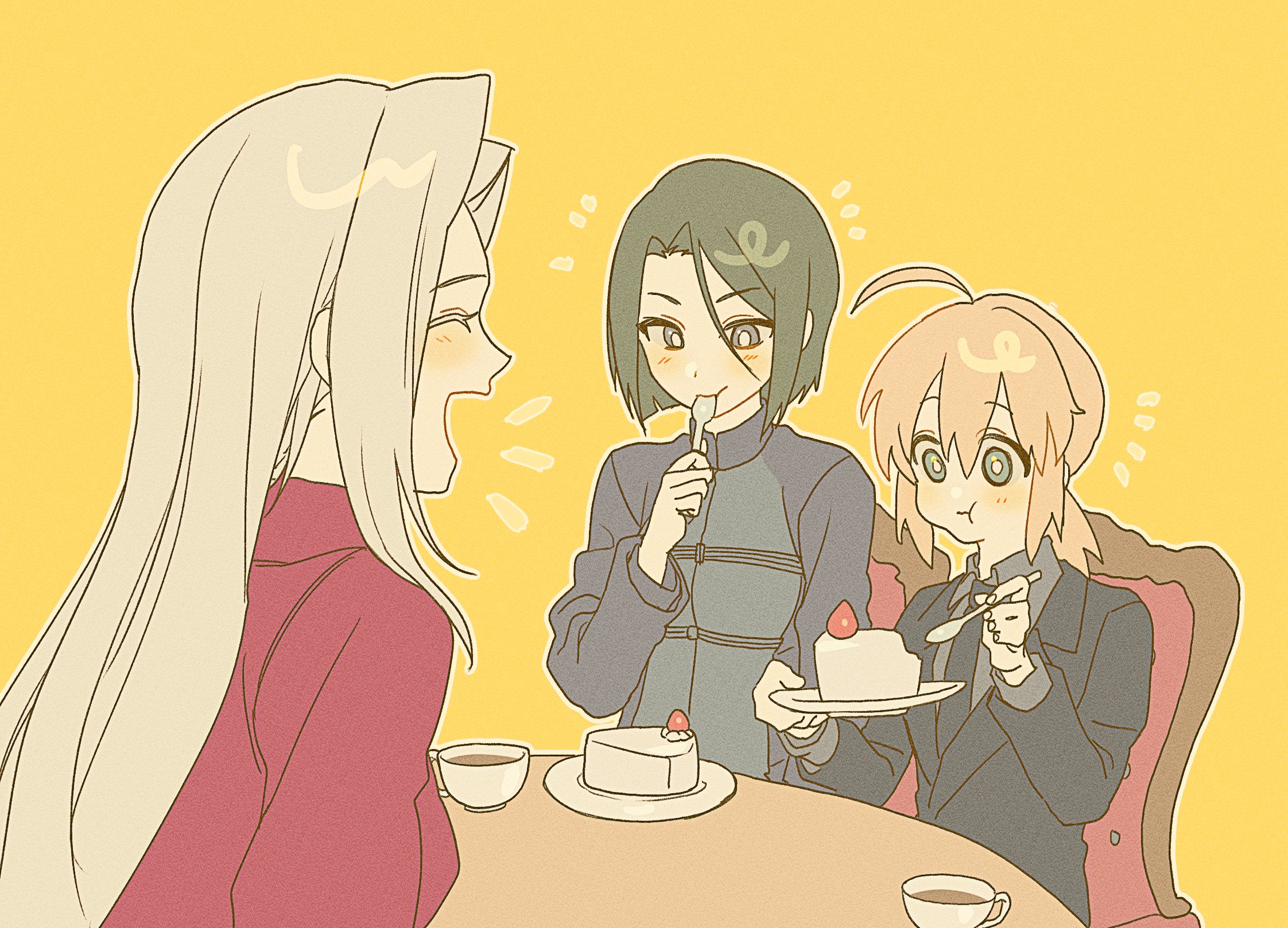 0304rong0304, artoria pendragon (fate), hisau maiya, irisviel von einzbern, saber (fate), fate/zero, fate (series), commentary request, highres, korean commentary, 3girls, ahoge, androgynous, black eyes, black hair, black jacket, black necktie, black suit, blonde hair, cake, chair, closed eyes, cup, eating, food, formal clothes, green eyes, grey hair, holding, holding plate, holding spoon, jacket, multiple girls, necktie, open mouth, plate, ponytail, saber (fate/zero), sitting, smile, spoon, suit, teacup