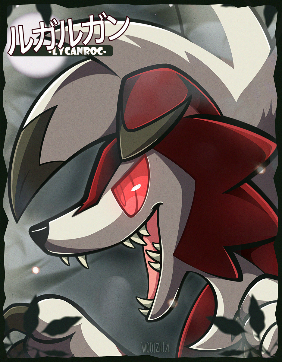 woofzilla, lycanroc, lycanroc (midnight), nintendo, pokemon, commentary, english commentary, highres, black border, border, character name, colored sclera, from side, gen 7 pokemon, grey background, no humans, open mouth, pokemon (creature), red eyes, red sclera, sharp teeth, signature, solo, teeth