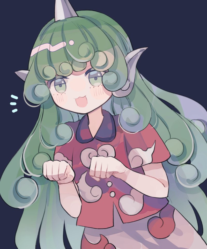hiyuu (hiyualice), komano aunn, touhou, commentary, 1girl, :d, animal ears, blue background, collared shirt, cowboy shot, curly hair, green eyes, green hair, horns, kariyushi shirt, long hair, looking at viewer, open mouth, paw pose, red shirt, shirt, short sleeves, simple background, single horn, smile, solo, very long hair