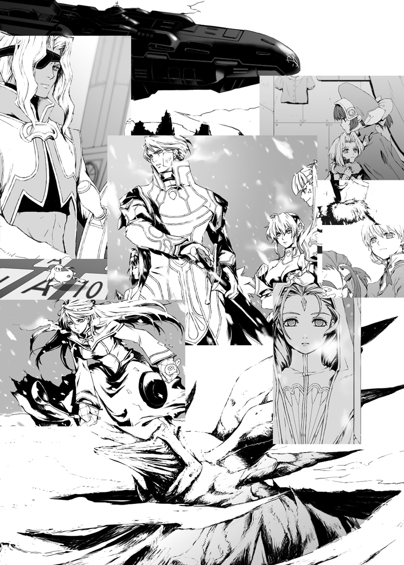 koma kiri aoko, bartholomew fatima, captain of the thames, dominia yizkor, kahran ramsus, kelvena, kelvena (xenogears), marguerite fatima, midori uzuki, primera black, primera blanche, queen zephyr, sigurd harcourt, tolone, tolone (xenogears), yui uzuki, xenogears, 4boys, 6+girls, eyepatch, frying pan, gloves, greyscale, hat, long hair, monochrome, multiple boys, multiple girls, pointy ears, weapon