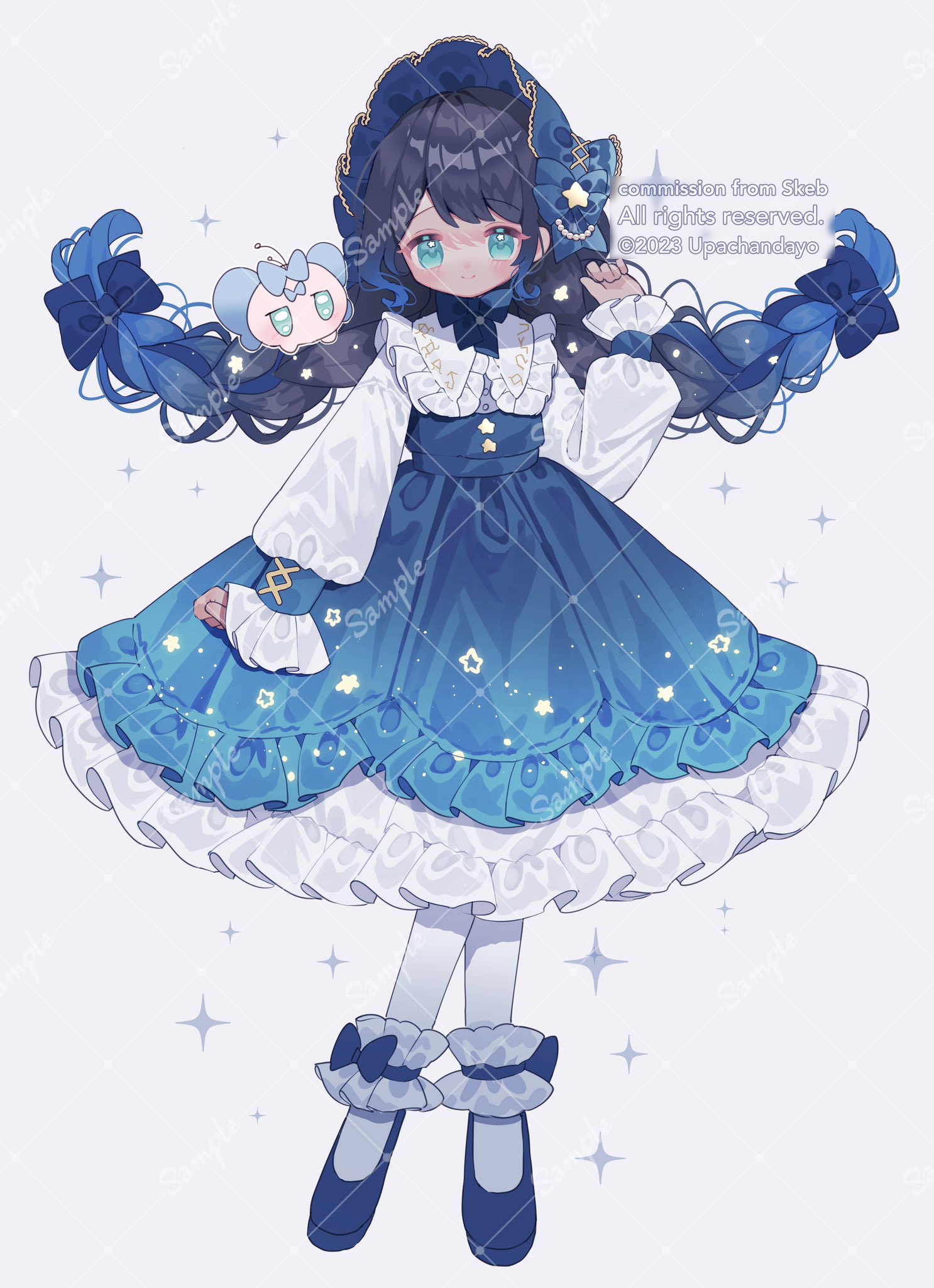 upa papa co, commentary, commission, highres, skeb commission, 1girl, artist name, black hair, blue bonnet, blue hair, blue shoes, blue skirt, blush, bonnet, braid, closed mouth, collared shirt, frilled shirt collar, frilled skirt, frilled sleeves, frills, full body, gradient hair, green eyes, long hair, long sleeves, looking at viewer, multicolored hair, pantyhose, re:flow, salvia (re:flow), sample watermark, shirt, shoes, simple background, skirt, smile, solo, standing, twin braids, virtual youtuber, watermark, watermark grid, white background, white pantyhose, white shirt