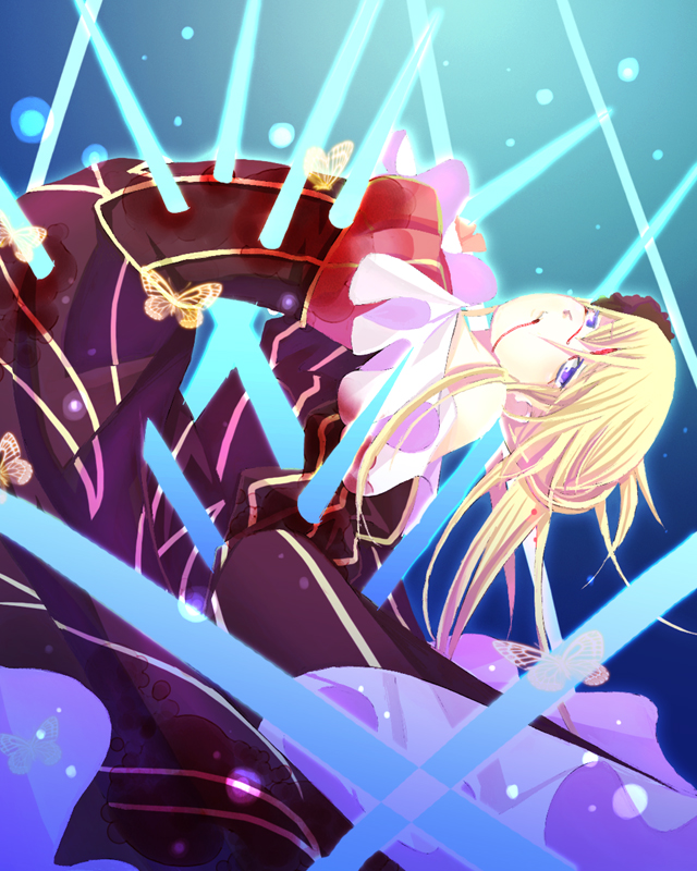 beatrice (umineko), umineko no naku koro ni, 00s, blonde hair, blood, blue eyes, bug, butterfly, dress, impaled, insect, solo