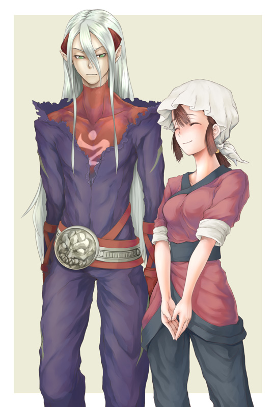 taka yanagi, takayanagi (artist), fou-lu, mami (breath of fire), breath of fire, breath of fire iv, capcom, bad id, bad pixiv id, 1boy, 1girl, brown hair, green eyes, long hair, smile, white hair