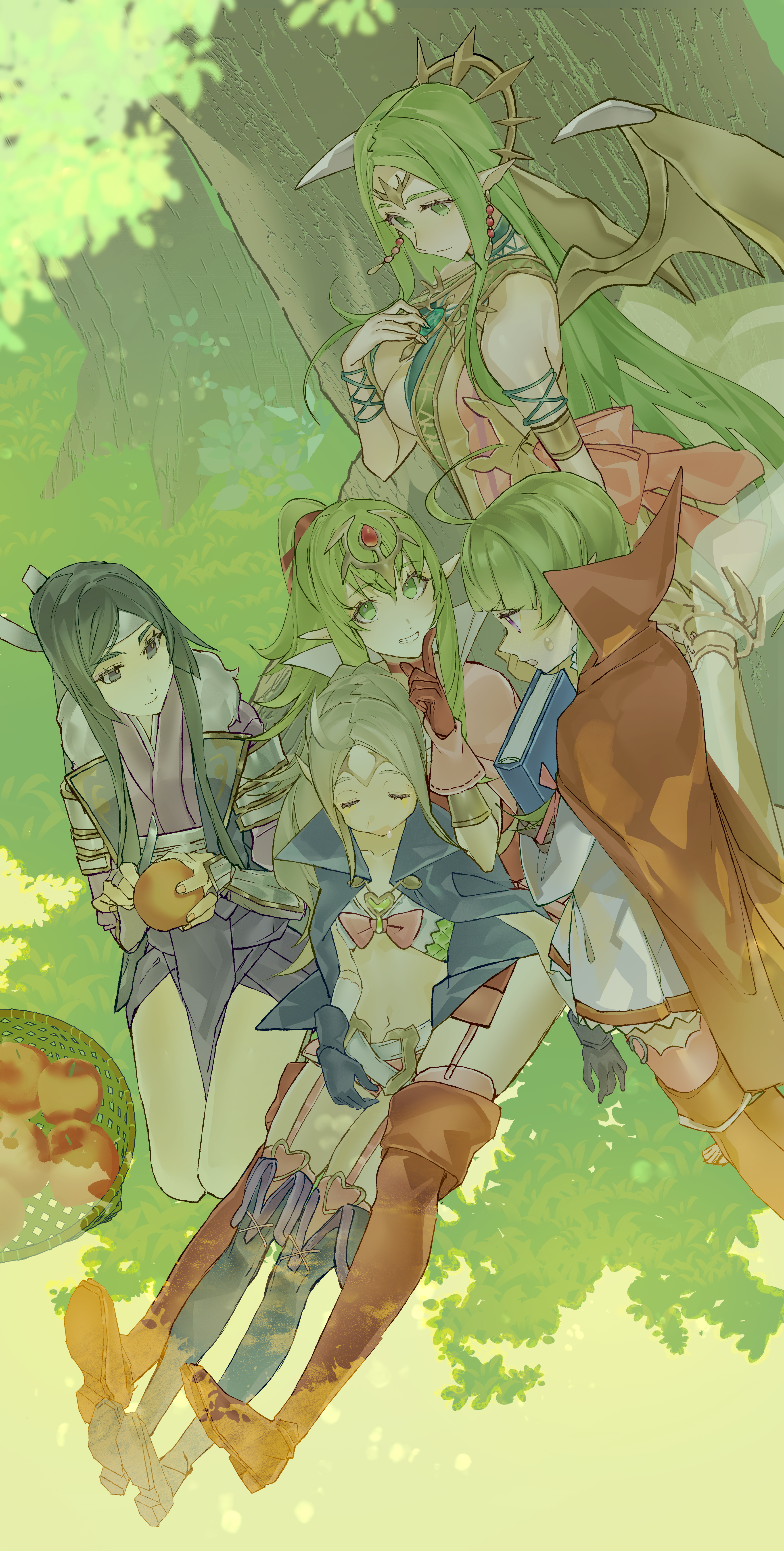 sokoo, naga (dragon) (fire emblem), naga (fire emblem), nah (fire emblem), nowi (fire emblem), say'ri (fire emblem), tiki (adult) (fire emblem), tiki (fire emblem), fire emblem, fire emblem awakening, fire emblem heroes, nintendo, absurdres, highres, 5girls, apple, black hair, boots, cape, drooling, food, fruit, garter straps, green hair, holding, holding food, index finger raised, long hair, multiple girls, nature, red cape, seiza, sitting, sleeping, tree, under tree, very long hair