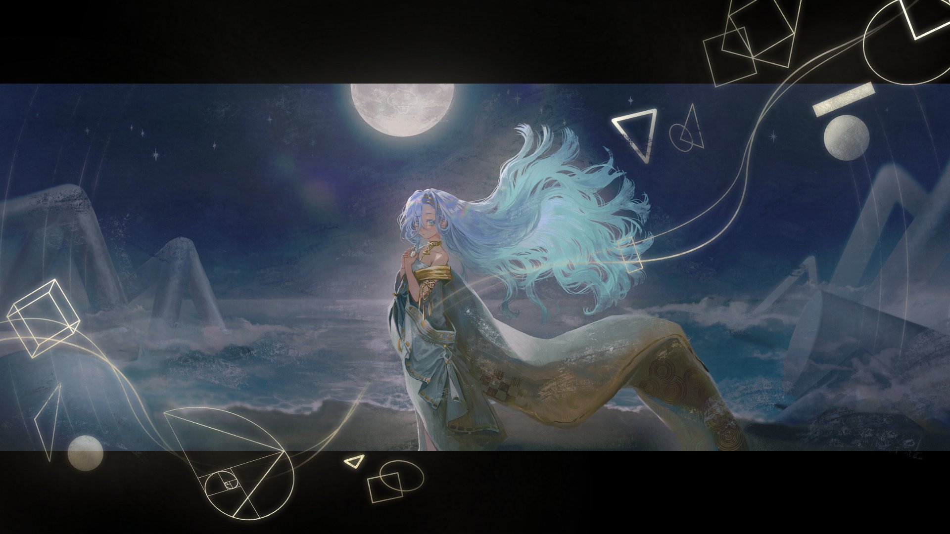 37 (reverse:1999), reverse:1999, highres, 1girl, ancient greek clothes, bare shoulders, beach, blue eyes, blue sky, circle, clay (silverclayyy), feet out of frame, floating hair, full moon, geometric solid, golden spiral, greco-roman clothes, hands up, letterboxed, long hair, moon, night, night sky, ocean, own hands together, sand, sky, solo, triangle, upper body, very long hair