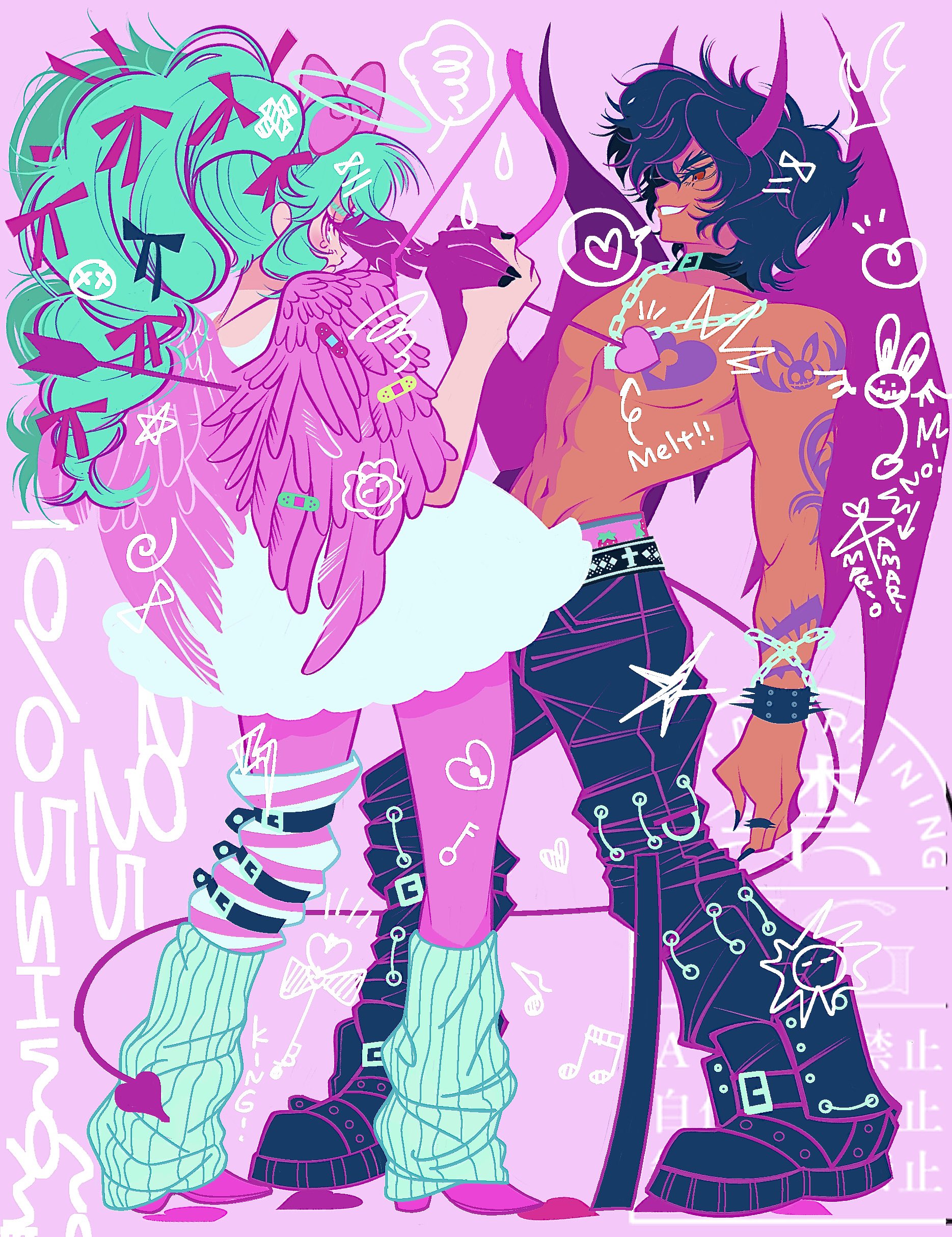 shino bunnys, katasumi amari, pretty series, pripara, absurdres, commentary request, highres, 1boy, 1girl, angel and devil, arm tattoo, bandaid, bandaid on wing, belt, black belt, black boots, black collar, black hair, black pants, blue hair, boots, bow, chain, chest tattoo, collar, dark-skinned male, dark skin, demon horns, demon tail, demon wings, dress, drill hair, feathered wings, full body, hair bow, hair over one eye, hair ribbon, horns, idol land pripara, leg warmers, long hair, looking at another, mario (pripara), pants, pantyhose, pink background, pink bow, pink pantyhose, pink wings, purple horns, purple wings, red eyes, ribbon, short hair, smile, standing, tail, tattoo, topless male, twin drills, twintails, white dress, wings