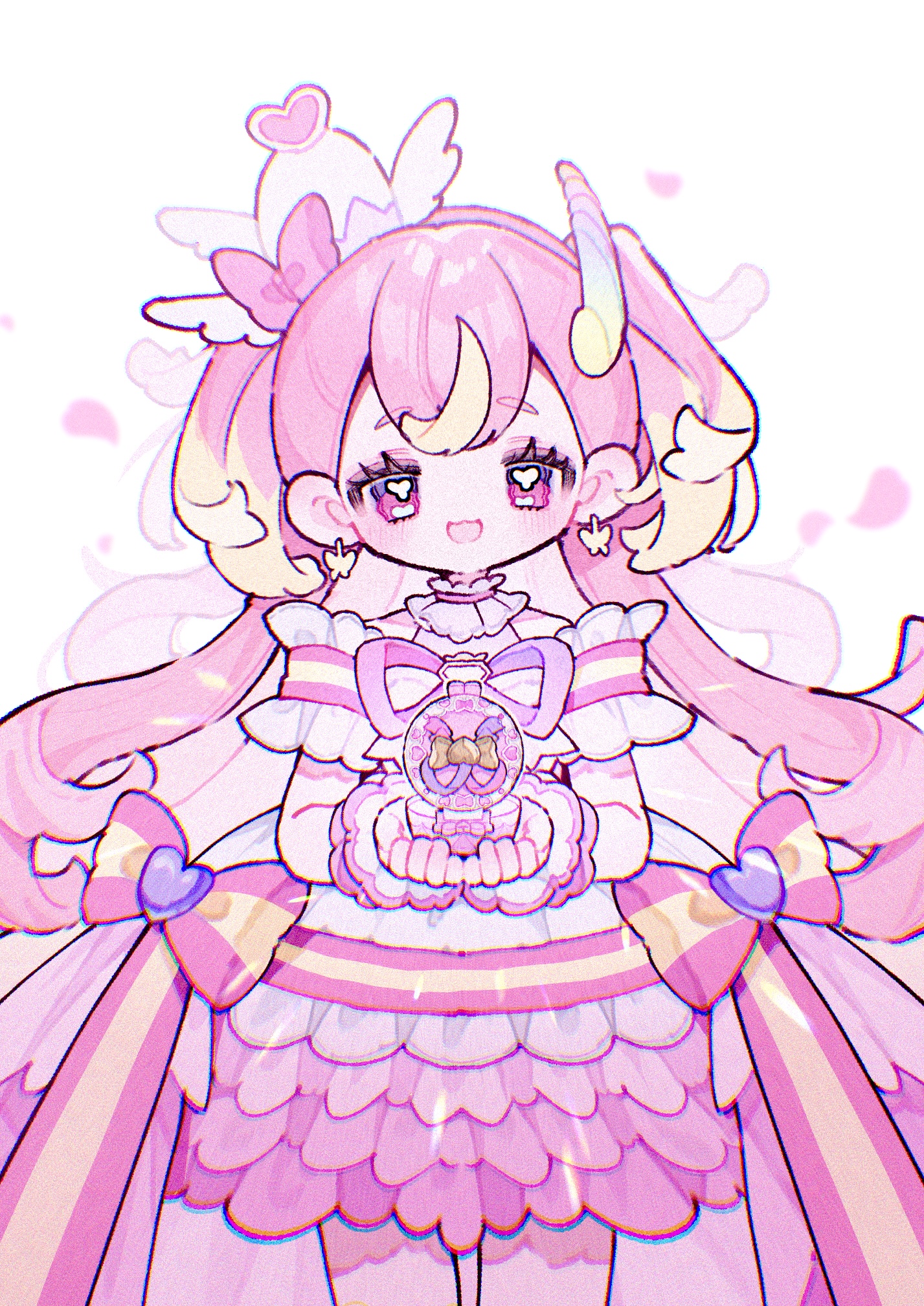 upa papa co, cure wonderful, inukai komugi, precure, wonderful precure!, commentary, highres, 1girl, :3, :d, blonde hair, blush, cowboy shot, double-parted bangs, earrings, hat, holding, jewelry, long hair, looking at viewer, magical girl, multicolored hair, neck ribbon, open mouth, orb, pink eyes, pink hair, pink skirt, purple ribbon, ribbon, shirt, short sleeves, simple background, skirt, smile, solo, two-tone hair, two side up, white background, white hat, white shirt, wrist cuffs