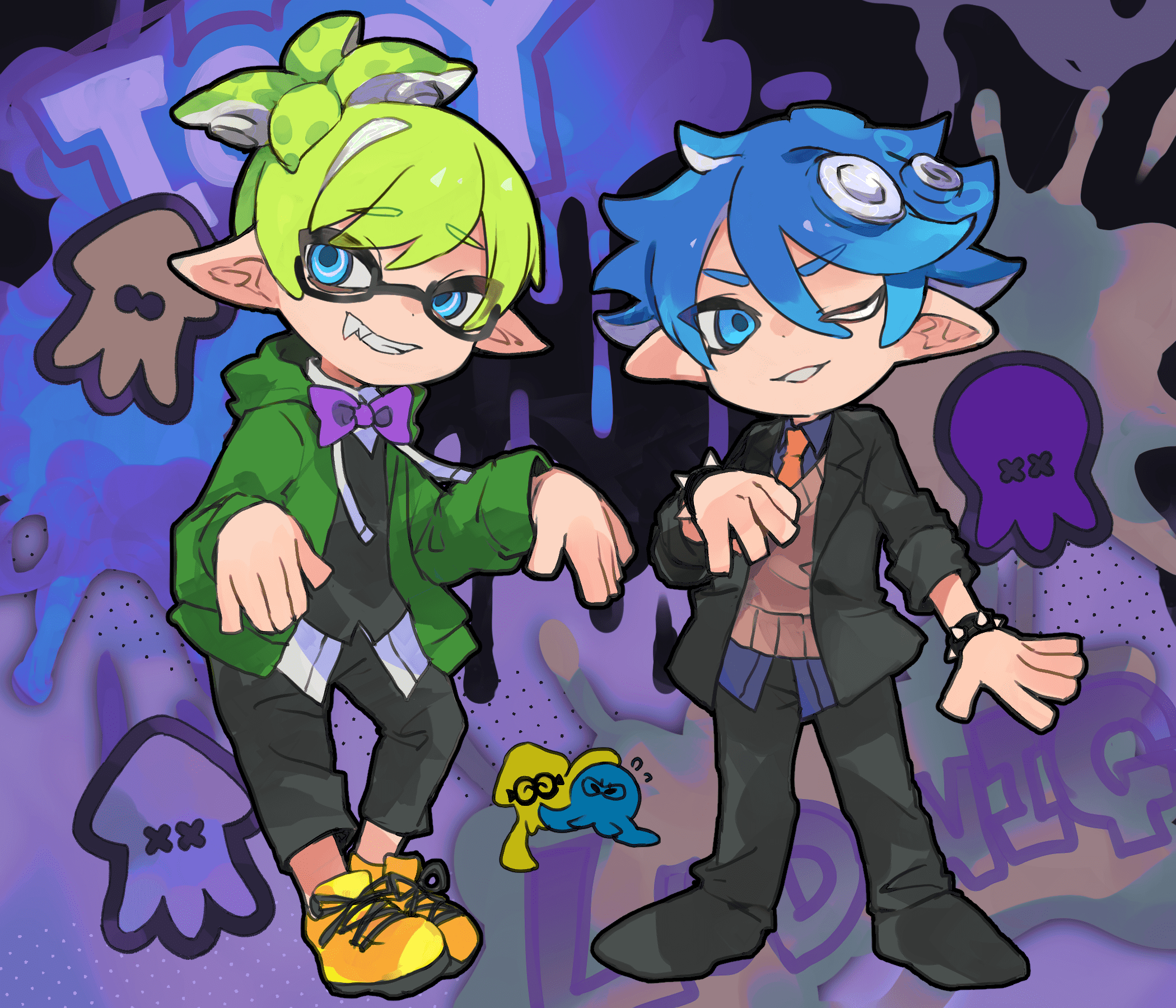 lzesmelt, iggy koopa, ludwig von koopa, mario (series), nintendo, splatoon (series), highres, 2boys, black jacket, black pants, black shirt, black shoes, blue eyes, blue hair, blue shirt, bow, bowtie, bracelet, brown sweater vest, crossover, fang, full body, glasses, green hair, green jacket, hair between eyes, hood, hood down, humanization, inkling, jacket, jewelry, looking at viewer, looking to the side, male focus, multiple boys, necktie, octoling, one eye closed, orange necktie, pants, purple bow, purple bowtie, semi-rimless eyewear, sharp teeth, shirt, shoes, side ponytail, smile, sneakers, spiked bracelet, spikes, sweater vest, teeth, tentacle hair, yellow shoes