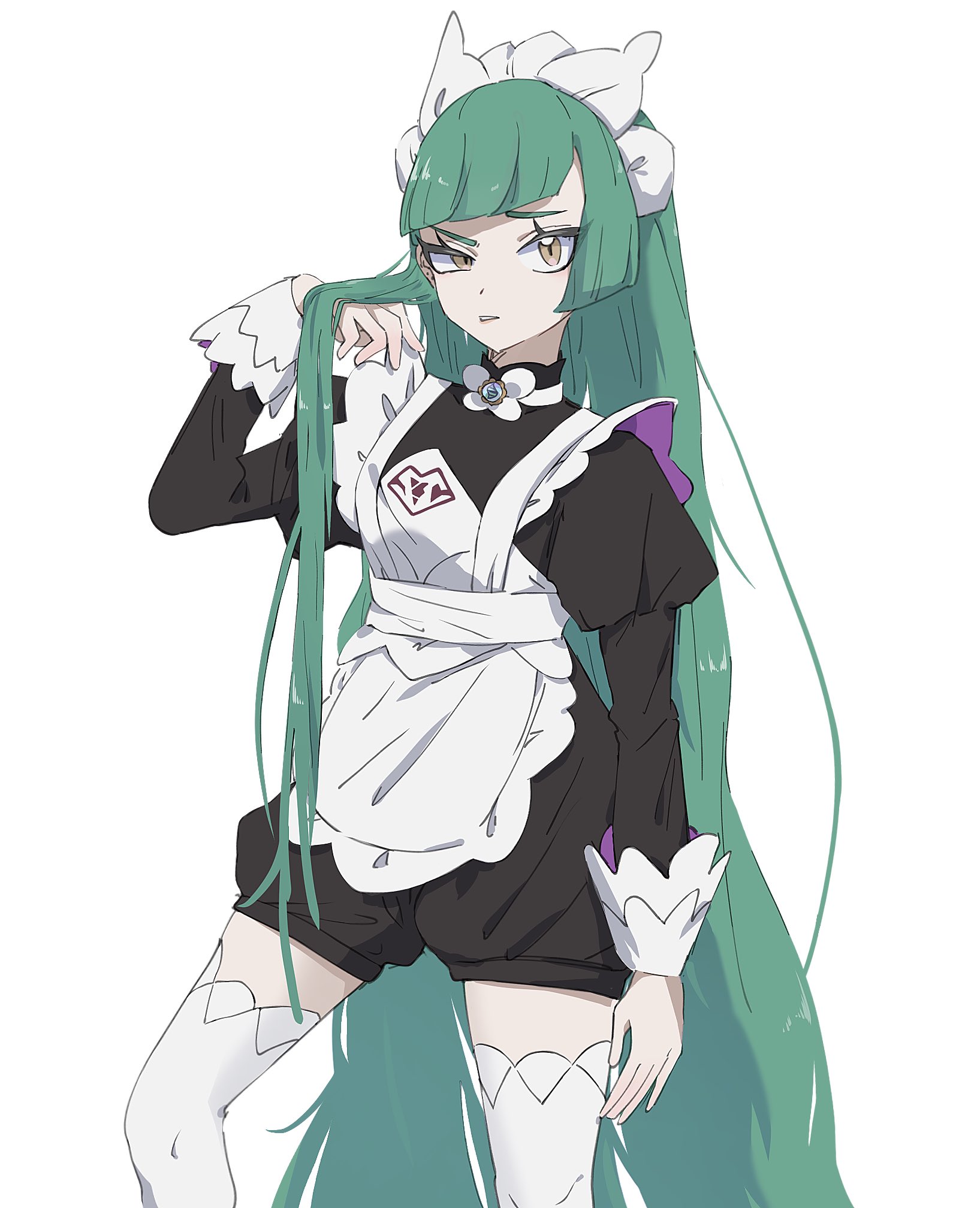seiun (hoshigumo 72), lebanne (pokemon), nintendo, pokemon, pokemon legends: z-a, commentary, highres, 1girl, apron, brown eyes, green hair, half-closed eye, juliet sleeves, long hair, long sleeves, looking at viewer, maid, maid apron, maid headdress, mega stone, parted lips, puffy sleeves, solo, thighhighs, very long hair, white background, white thighhighs