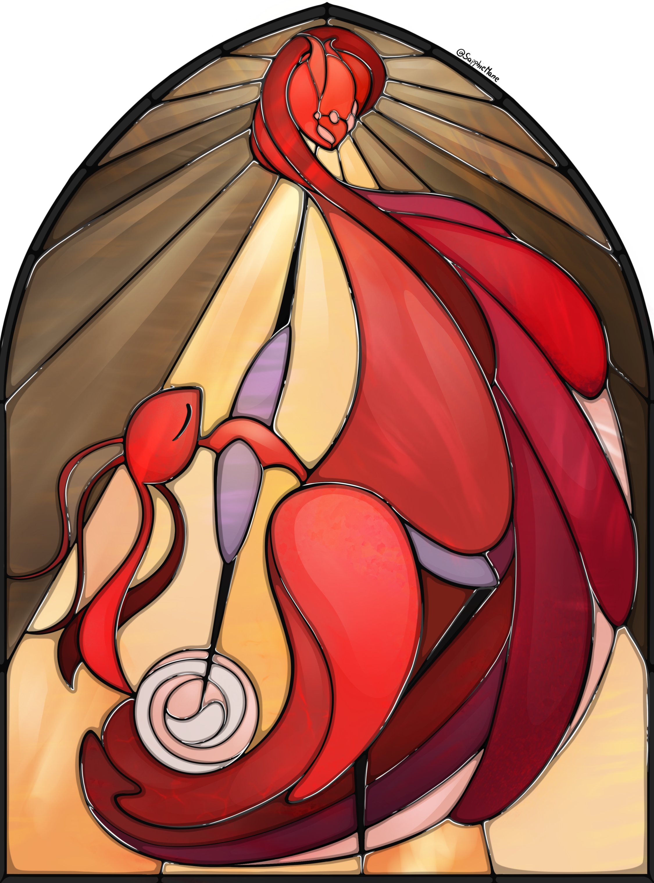 hollow knight, hollow knight: silksong, absurdres, highres, 1girl, ant girl, antennae, arthropod girl, closed eyes, colored skin, dancing, dress, full body, leg up, red dress, red skin, sapphiemane, skarrsinger karmelita (hollow knight), solo, stained glass, standing, standing on one leg