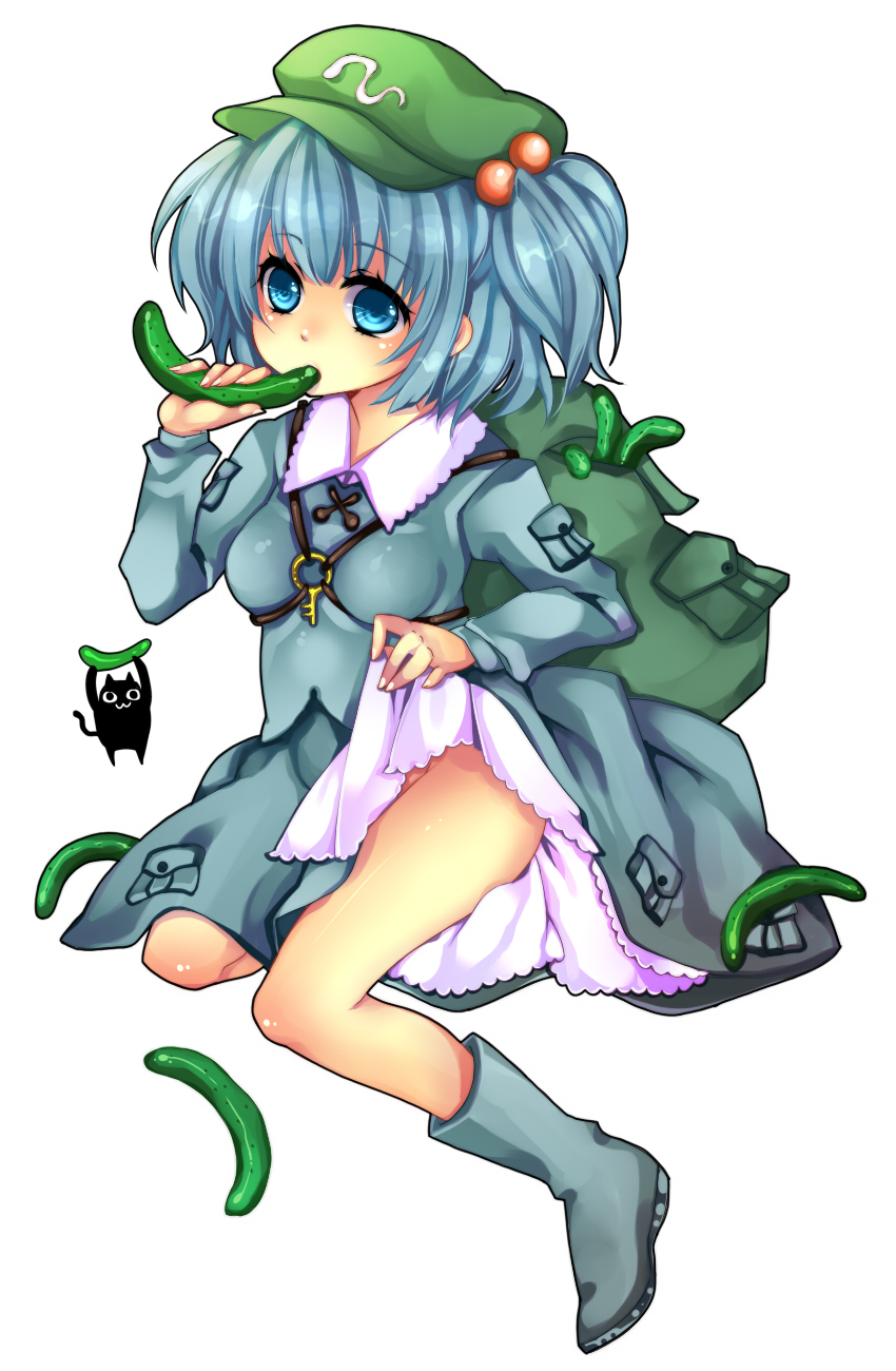 mata, kawashiro nitori, touhou, highres, 1girl, backpack, bag, blue eyes, blue hair, cat, clothes lift, cucumber, eating, female focus, full body, hair bobbles, hair ornament, hat, key, matching hair/eyes, no panties, short hair, simple background, skirt, skirt lift, solo, twintails, two side up, white background
