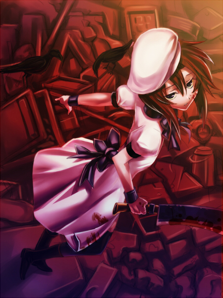 hikiyama towa, ryuuguu rena, higurashi no naku koro ni, 00s, 1girl, billhook, bird, blood, brown hair, crow, female focus, hashitsuki nata, hat, hatchet, nata (tool), solo, thighhighs