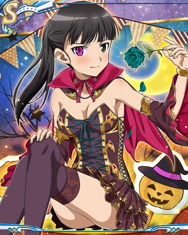 sakamoto mio, strike witches, world witches series, artist request, official art, 1girl, black eyes, black hair, black thighhighs, blush, bracelet, breasts, cape, crossed legs, fang, flower, halloween, halloween costume, heterochromia, holding, holding flower, jack-o'-lantern, jewelry, large breasts, long hair, looking at viewer, moon, outdoors, pumpkin, sitting, skirt, smile, solo, star (sky), thighhighs, tree