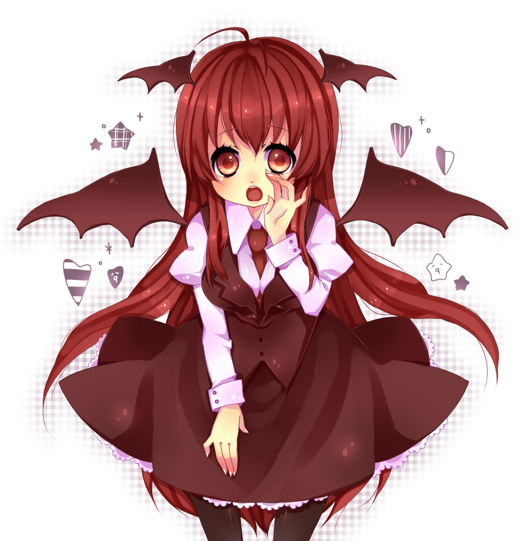 mata, koakuma, embodiment of scarlet devil, touhou, 1girl, bat wings, female focus, head wings, long hair, pantyhose, red eyes, red hair, solo, white background, wings
