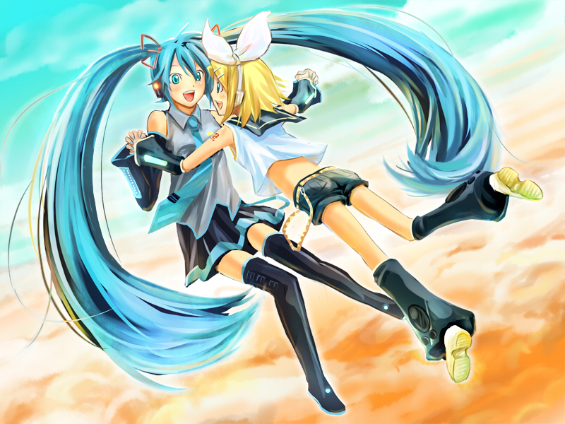 hikiyama towa, hatsune miku, kagamine rin, vocaloid, 2girls, aqua eyes, aqua hair, black thighhighs, blonde hair, blue hair, bow, day, detached sleeves, flying, hair bow, hair ornament, hair ribbon, hairclip, holding hands, laughing, long hair, miniskirt, multiple girls, necktie, ribbon, shorts, skirt, sky, smile, thighhighs, twintails, very long hair