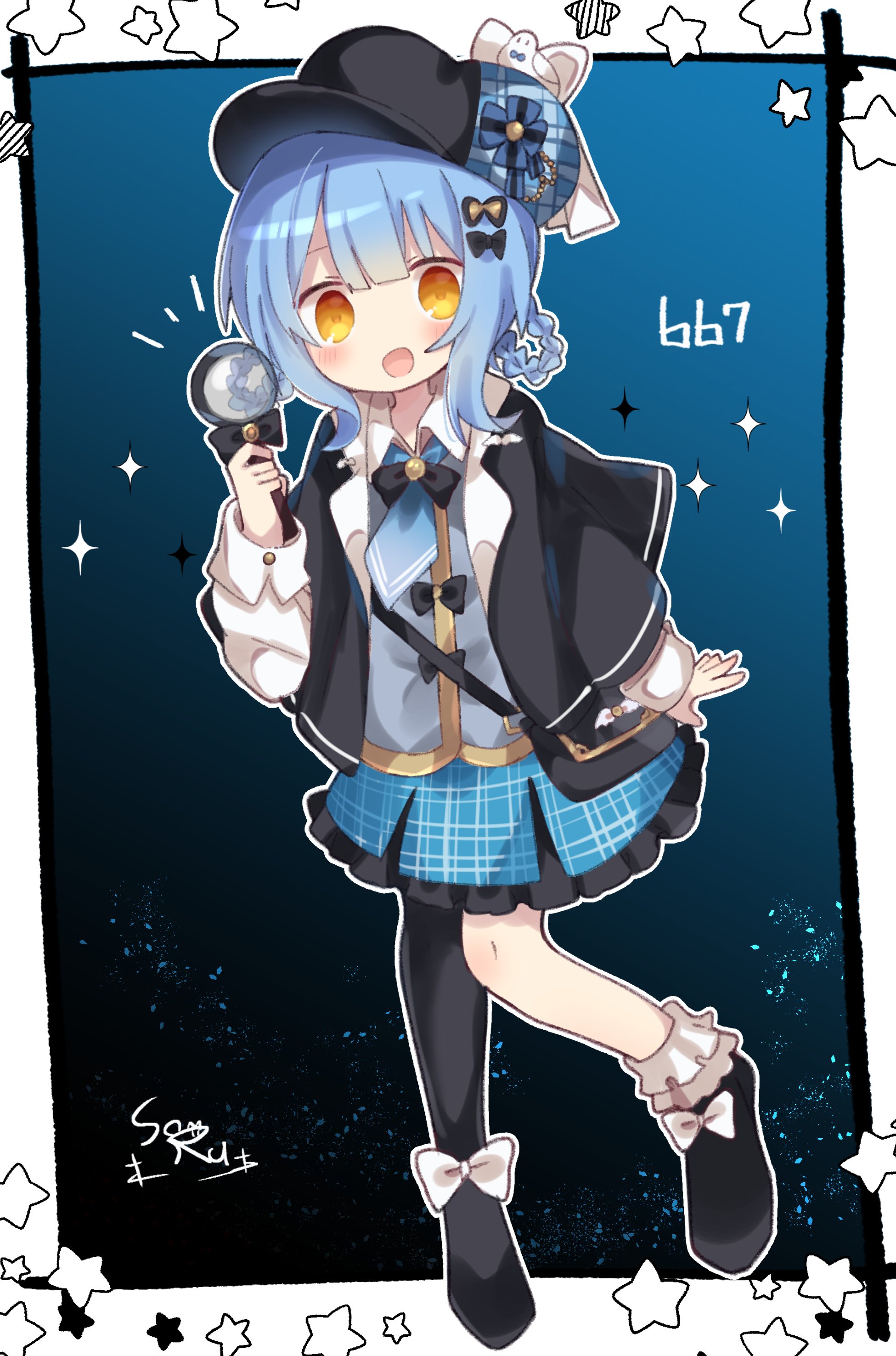 soru (remonntteumai), tachibana sherry, mahou shoujo no majo saiban, absurdres, highres, 1girl, :d, asymmetrical legwear, black capelet, black hat, black pantyhose, black shoes, blue background, blue hair, blue skirt, border, bow, braid, braided hair rings, capelet, collared shirt, deerstalker, full body, grey vest, hair rings, hat, holding, holding magnifying glass, long sleeves, looking at viewer, magnifying glass, notice lines, open mouth, pantyhose, plaid clothes, plaid skirt, pleated skirt, shirt, shoes, short hair, single leg pantyhose, skirt, smile, solo, standing, star (symbol), vest, white border, white bow, white shirt, yellow eyes