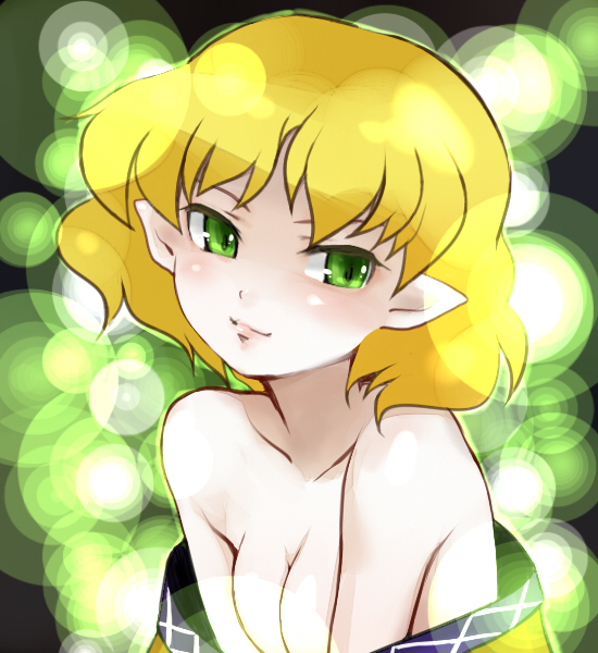 aobe, mizuhashi parsee, touhou, bad id, bad pixiv id, 1girl, bare shoulders, blonde hair, breasts, cleavage, female focus, green eyes, lips, off shoulder, pointy ears, short hair, smile, solo