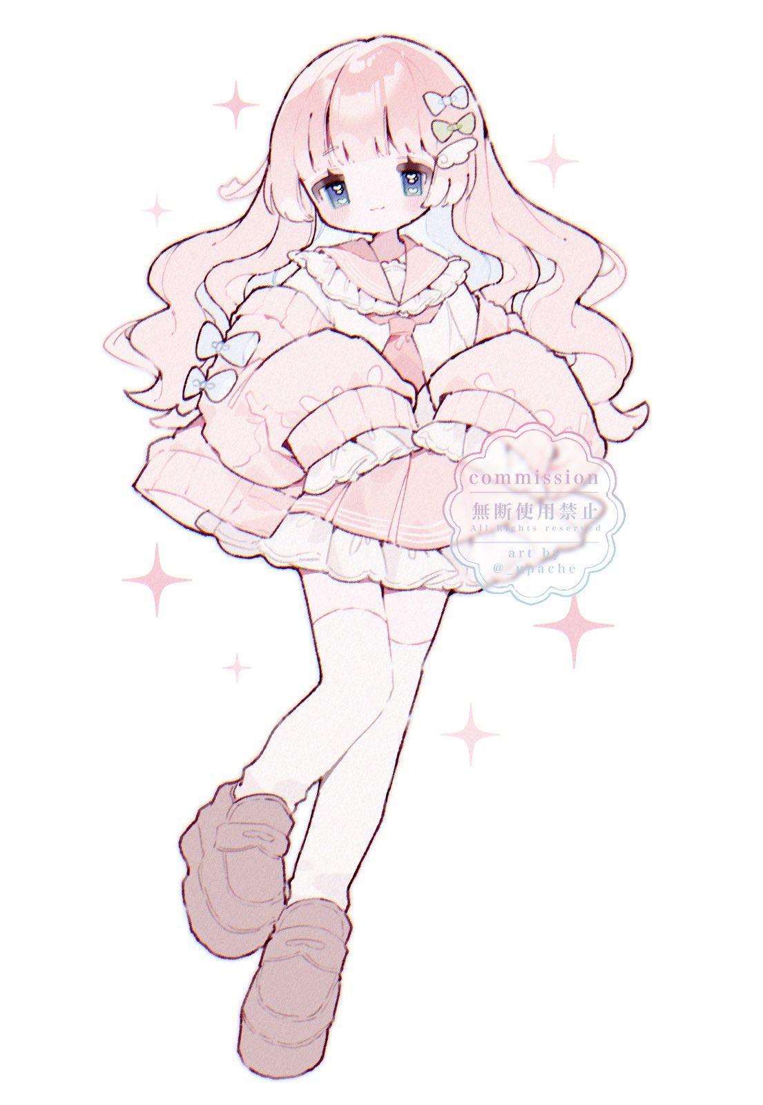 upa papa co, original, commentary, commission, highres, symbol-only commentary, 1girl, :3, artist name, blue eyes, blunt bangs, blush, bow, brown shoes, cardigan, closed mouth, frilled skirt, frilled sleeves, frills, full body, hair bow, hair ornament, long hair, long sleeves, looking at viewer, necktie, off shoulder, pink cardigan, pink hair, pink sailor collar, pink skirt, pleated skirt, red necktie, sailor collar, school uniform, serafuku, shirt, shoes, simple background, skirt, sleeves past fingers, sleeves past wrists, smile, solo, sparkle, standing, standing on one leg, thighhighs, watermark, white background, white shirt, white thighhighs, wing hair ornament