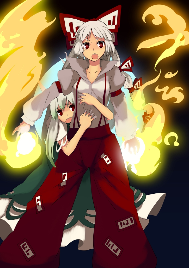 fuurin (omaemona), ex-keine, fujiwara no mokou, kamishirasawa keine, touhou, silver hair, bad id, bad pixiv id, 2girls, black background, bow, female focus, fire, green hair, hair bow, hair ribbon, horns, long hair, multiple girls, multiple hair bows, red eyes, ribbon, standing