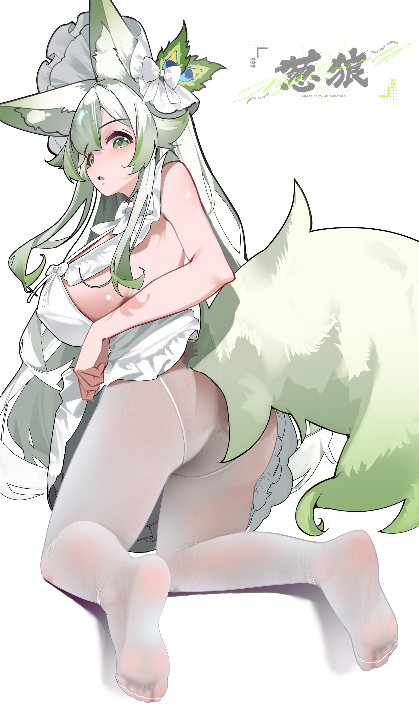 negiwolf, shenmi de xigua, original, absurdres, chinese commentary, commentary request, highres, 1girl, animal ear fluff, animal ears, apron, ass, bare arms, bare shoulders, bow, breasts, from behind, green eyes, hair between eyes, huge breasts, kneeling, looking at viewer, naked apron, no shoes, open mouth, pantyhose, sideboob, sidelocks, simple background, soles, solo, tail, thighs, white apron, white background, white bow, white pantyhose, wolf ears, wolf girl, wolf tail