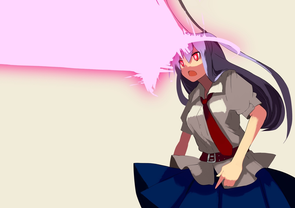 fuurin (omaemona), reisen udongein inaba, touhou, bad id, bad pixiv id, 1girl, animal ears, belt, dress shirt, eye beam, female focus, long hair, necktie, open mouth, pleated skirt, purple hair, rabbit ears, red eyes, red necktie, shirt, simple background, skirt, solo