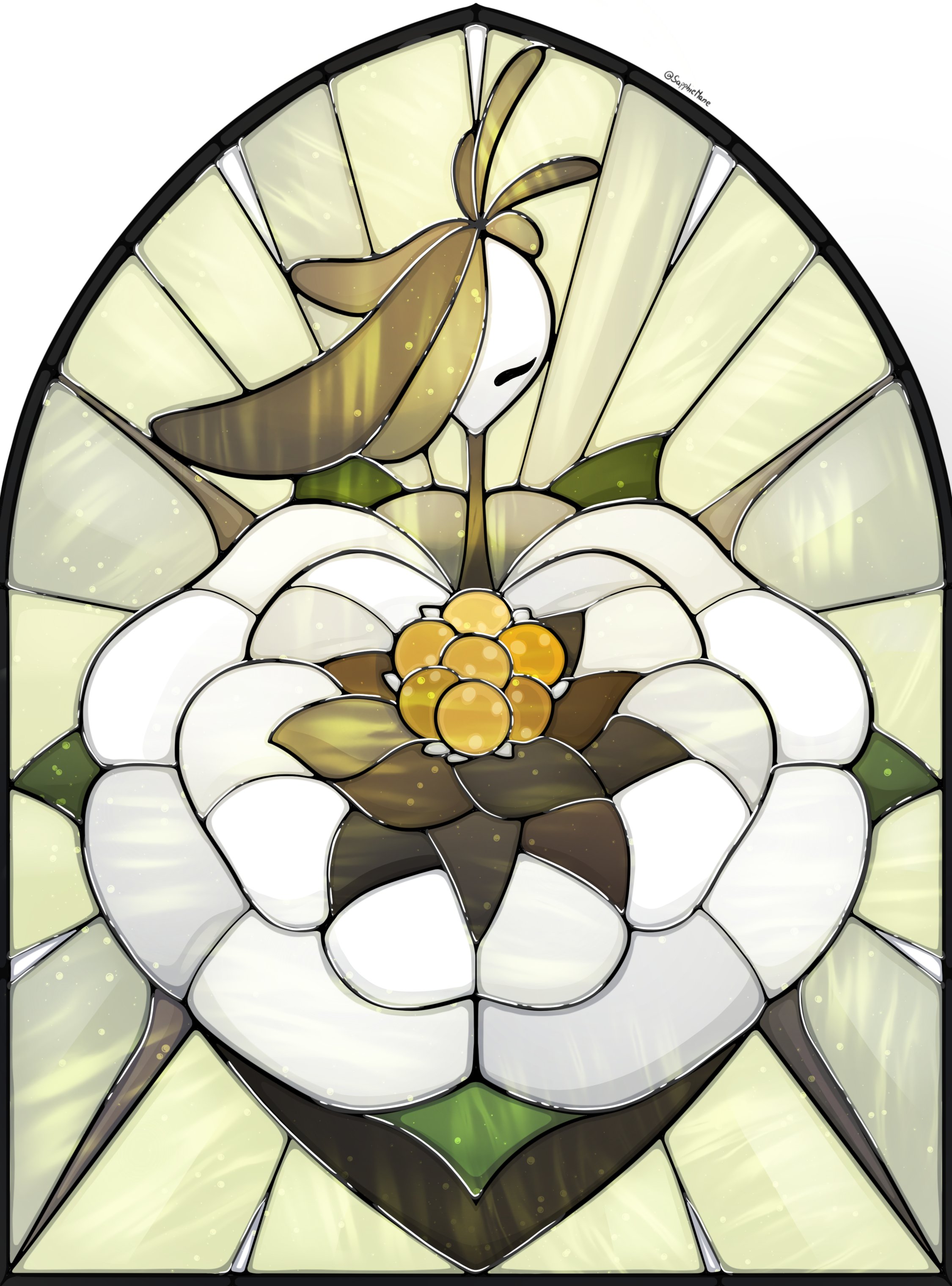 hollow knight, hollow knight: silksong, absurdres, highres, 1girl, arthropod girl, artist name, closed eyes, flower, monster girl, nyleth (hollow knight), sapphiemane, stained glass, twitter username, white flower, white petals