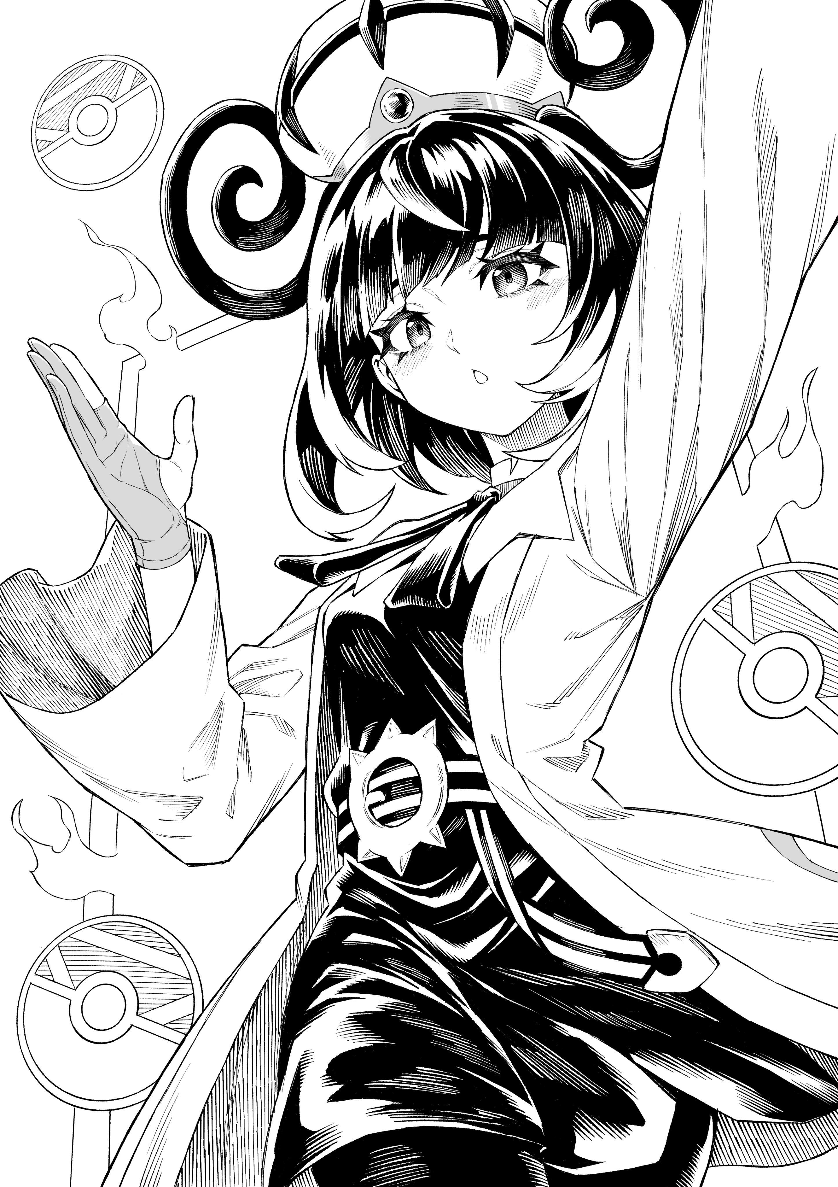 ayumuhotaka, gwynn (pokemon), nintendo, pokemon, pokemon legends: z-a, absurdres, highres, 1girl, :o, arm up, belt, belt buckle, blush, bob cut, buckle, coat, dress, eyelashes, gloves, greyscale, hat, long sleeves, looking at viewer, monochrome, o-ring, o-ring belt, open clothes, open coat, open mouth, partially fingerless gloves, poke ball symbol, short hair, solo