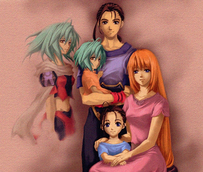 koma kiri aoko, abel (xenogears), elhaym van houten, emerada (xenogears), fei fong wong, xenogears, 2boys, 2girls, armor, blue eyes, dark skin, dress, family, green hair, long hair, midriff, multiple boys, multiple girls, orange eyes, orange hair, pauldrons, scarf, short hair, shoulder armor