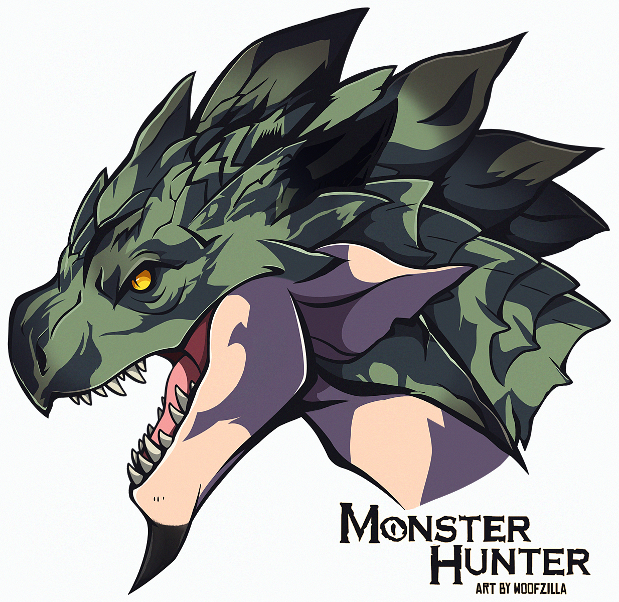 woofzilla, rathian, monster hunter (series), commentary, english commentary, highres, animal focus, character name, cropped head, from side, no humans, open mouth, sharp teeth, simple background, slit pupils, solo, teeth, white background, yellow eyes