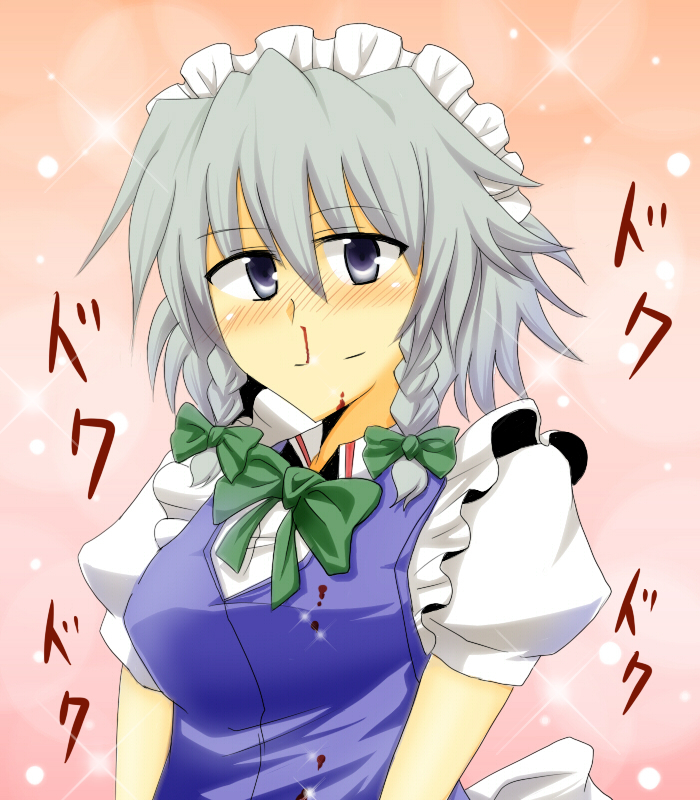 wedge (tyrl stride), izayoi sakuya, touhou, silver hair, bad id, bad pixiv id, 1girl, blood, blue eyes, blush, braid, breasts, female focus, gradient background, hairband, maid, nosebleed, short hair, solo, twin braids, upper body