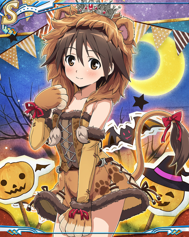 miyafuji yoshika, strike witches, world witches series, 1girl, bat (animal), blush, brown eyes, brown hair, crown, feet out of frame, halloween, halloween costume, jack-o'-lantern, moon, outdoors, pumpkin, short hair, smile, solo, standing, star (sky), tree