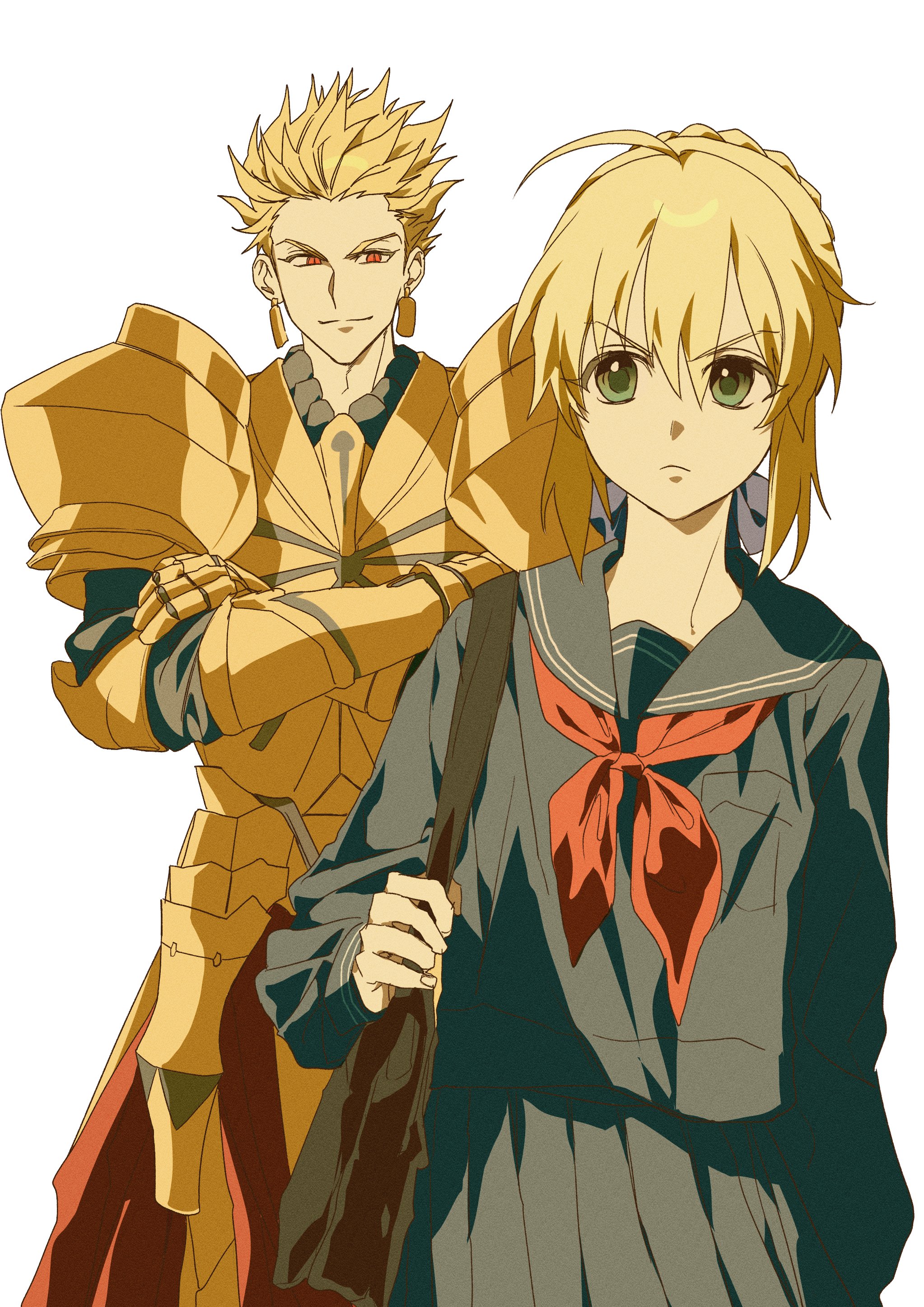 0304rong0304, artoria pendragon (fate), gilgamesh (fate), master artoria, capsule servant, fate/stay night, fate (series), absurdres, commentary request, highres, korean commentary, 1boy, 1girl, ahoge, armor, bag, black serafuku, blonde hair, braid, crossed arms, earrings, frown, gauntlets, gold armor, green eyes, hair ribbon, holding, holding bag, jewelry, neckerchief, red neckerchief, ribbon, school uniform, serafuku, v-shaped eyebrows