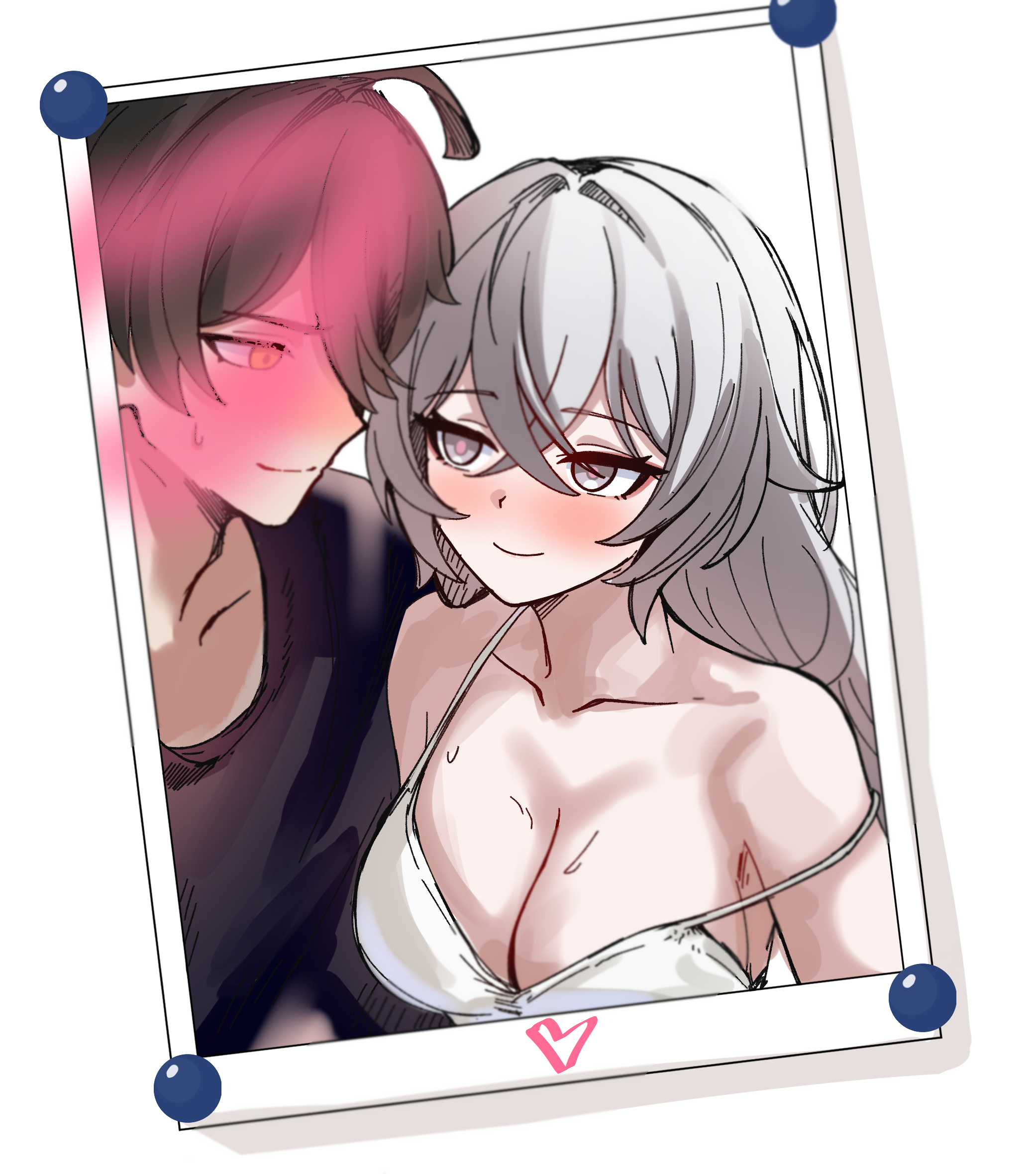 mini2chainz, adam (honkai impact), bronya zaychik, bronya zaychik (silverwing: n-ex), honkai (series), honkai impact 3rd, commentary, english commentary, highres, 1boy, 1girl, black shirt, blush, bra, breasts, brown eyes, brown hair, cleavage, collarbone, grey eyes, grey hair, hetero, long hair, looking at another, photo (object), shirt, short hair, underwear, upper body, white bra