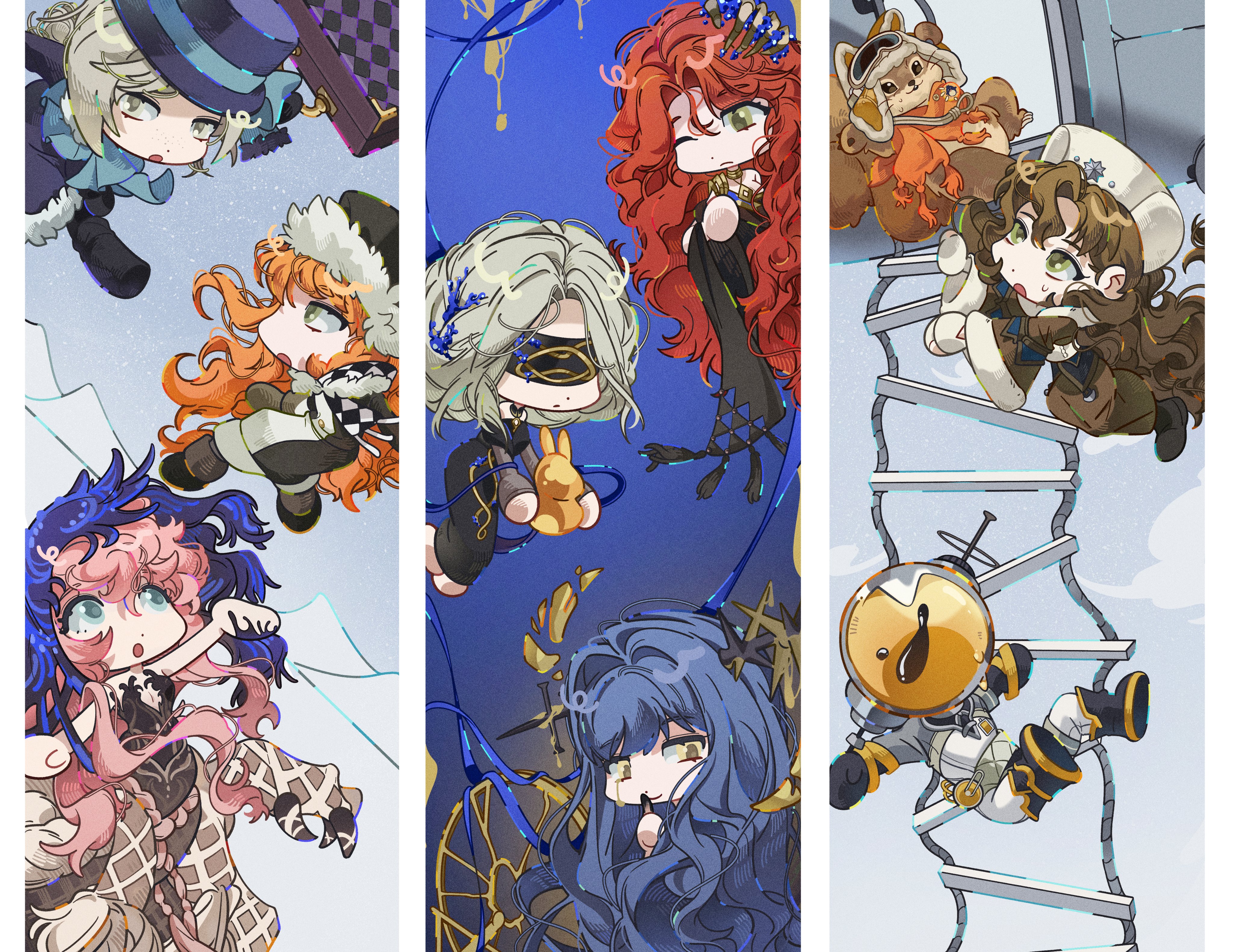 unhyang, arcana (paradise regained) (reverse:1999), arcana (reverse:1999), moldir (reverse:1999), nautika (reverse:1999), sonetto (reverse:1999), sonetto (winter) (reverse:1999), sophia (manus vindictae) (reverse:1999), sophia (reverse:1999), ulrich (reverse:1999), unilog (reverse:1999), urd (reverse:1999), vertin (reverse:1999), vertin (winter) (reverse:1999), reverse:1999, absurdres, highres, 1boy, 6+girls, :o, ;(, aircraft, black boots, black coat, black dress, black veil, blindfold, blue bow, blue hair, blue veil, boater hat, boots, bow, brown boots, brown coat, brown hat, buddy fairchild, centauroid, chibi, chimera, cloud, coat, colored tears, dress, ferrofluid, finger to mouth, fishbowl helmet, fur-trimmed coat, fur-trimmed hood, fur hat, fur trim, gloves, green eyes, grey eyes, grey hair, grey sky, hair bun, hat, hat bow, helicopter, holding, holding suitcase, hood, jumpsuit, looking at another, looking at viewer, monster girl, mountain, multiple girls, object head, orange hair, papakha, rope ladder, short hair, single side bun, single tear, sky, squirrel, strapless, strapless dress, suitcase, sweat, talons, taur, triptych (art), two-tone veil, veil, wand in head, white gloves, white hat, white jumpsuit, yellow eyes