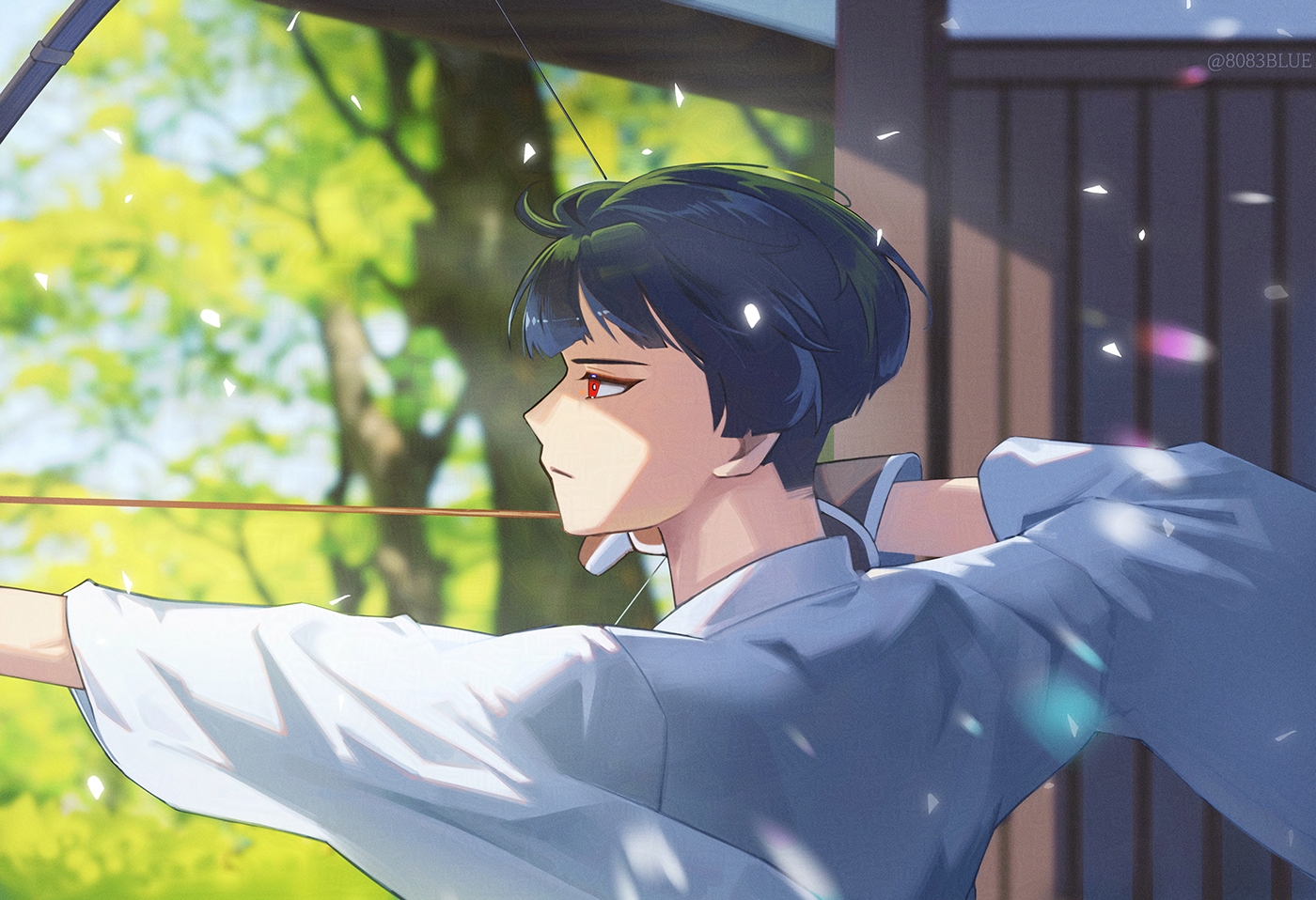 8083 blue, hoshina soshiro, kaijuu no. 8, commentary, 1boy, arrow (projectile), blunt bangs, blurry, blurry background, bow (weapon), closed mouth, drawing bow, holding, holding arrow, holding bow (weapon), holding weapon, long sleeves, male focus, outdoors, red eyes, short hair, sideburns, solo, upper body, weapon, wide sleeves