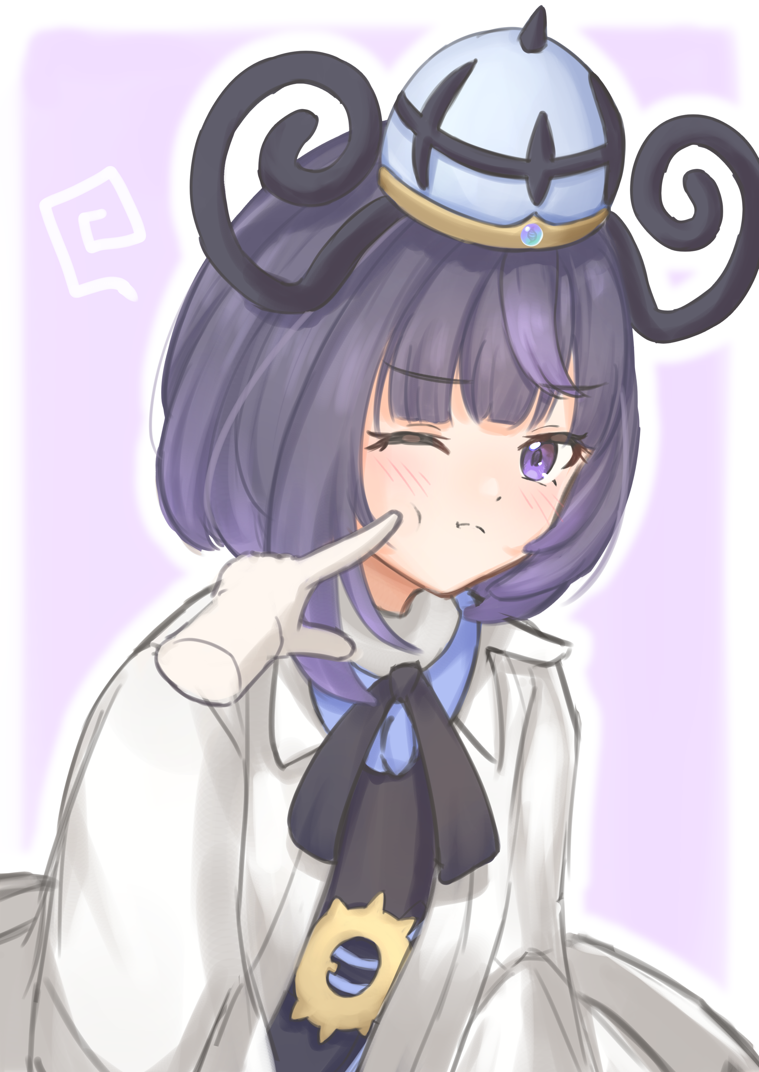 gwynn (pokemon), nintendo, pokemon, pokemon legends: z-a, absurdres, highres, 1girl, 1other, ;(, belt, belt buckle, black dress, blush, bob cut, buckle, cheek poking, coat, dress, hat, long sleeves, looking at viewer, mega stone, o-ring, o-ring belt, one eye closed, open clothes, open coat, poking, purple background, purple eyes, purple hair, short hair, sssaaiissaa, white coat