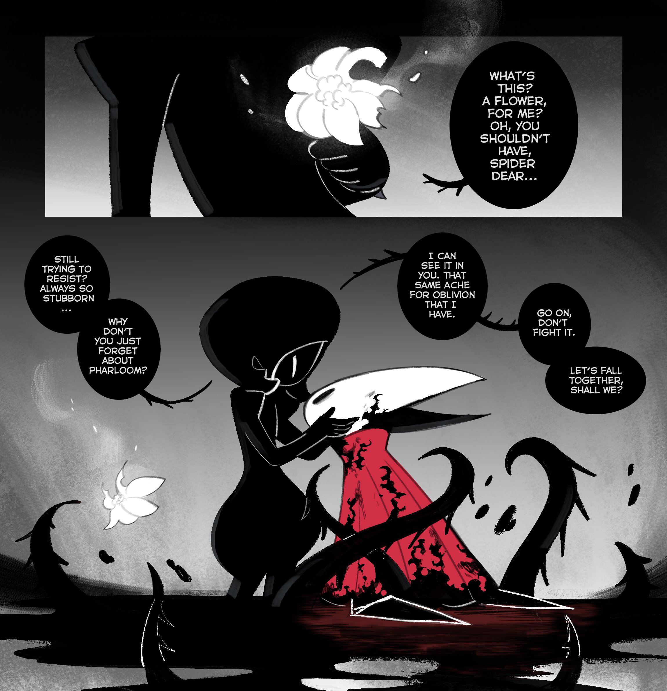 ange (angeban93), hornet (hollow knight), lace (hollow knight), hollow knight, hollow knight: silksong, highres, spoilers, 2girls, arthropod girl, black skin, cloak, colored skin, colored speech bubble, english text, flower, glowing flower, grabbing another's head, holding, holding flower, hollow eyes, kneeling, looking at another, lost lace, multiple girls, needle (hollow knight), red cloak, speech bubble, tentacles, white flower, white mask