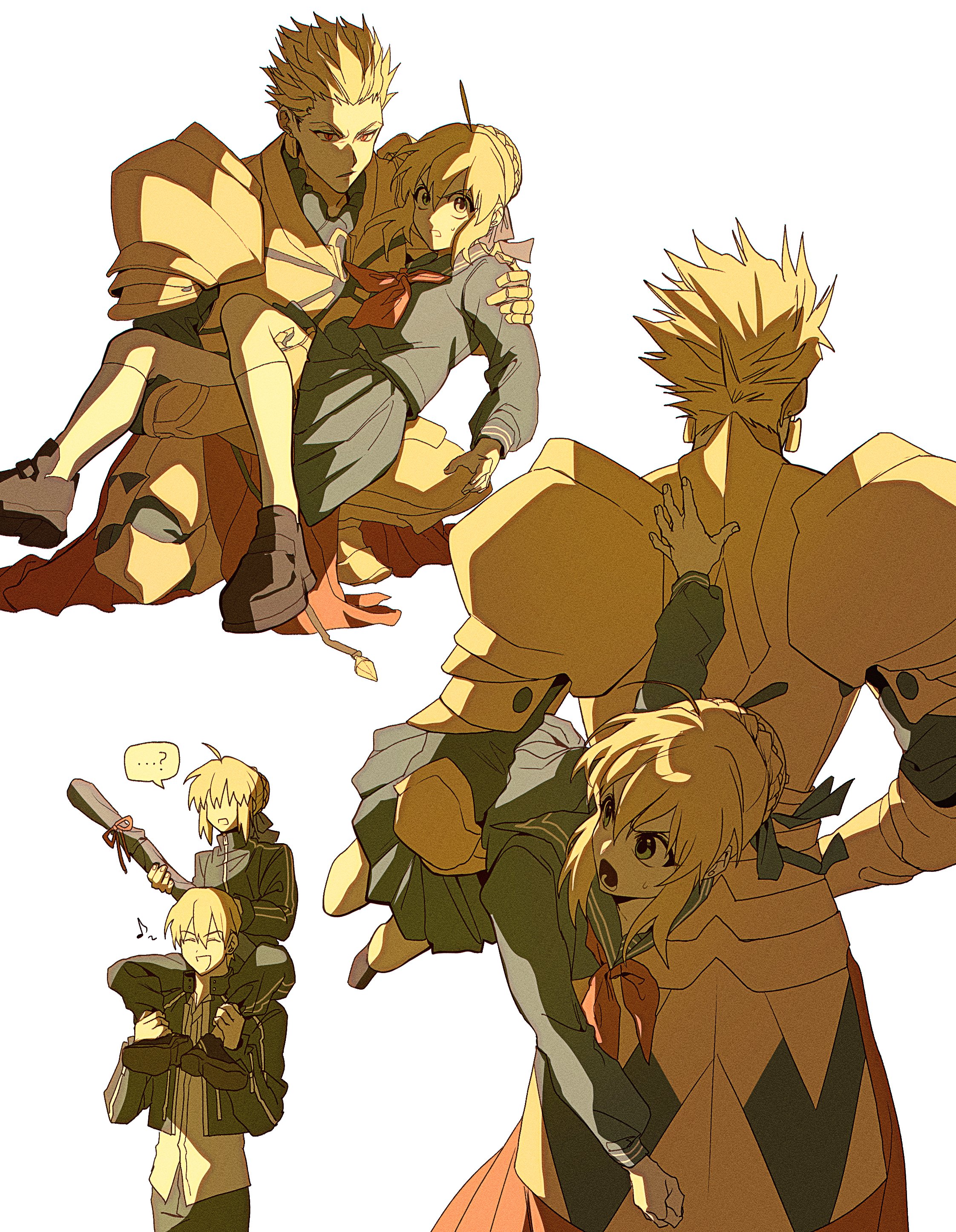 0304rong0304, artoria pendragon (fate), gilgamesh (fate), gilgamesh (immoral biker jacket) (fate), master artoria, capsule servant, fate/stay night, fate (series), absurdres, commentary request, highres, korean commentary, 1boy, 1girl, ahoge, black jacket, black serafuku, blonde hair, braid, bun with braided base, carrying, carrying under arm, eighth note, faceless, faceless female, green eyes, hair bun, hair ribbon, jacket, medium skirt, musical note, open mouth, pants, pleated skirt, princess carry, red eyes, ribbon, school uniform, serafuku, shoulder carry, single hair bun, skirt, sweatdrop, track jacket, track pants, track suit