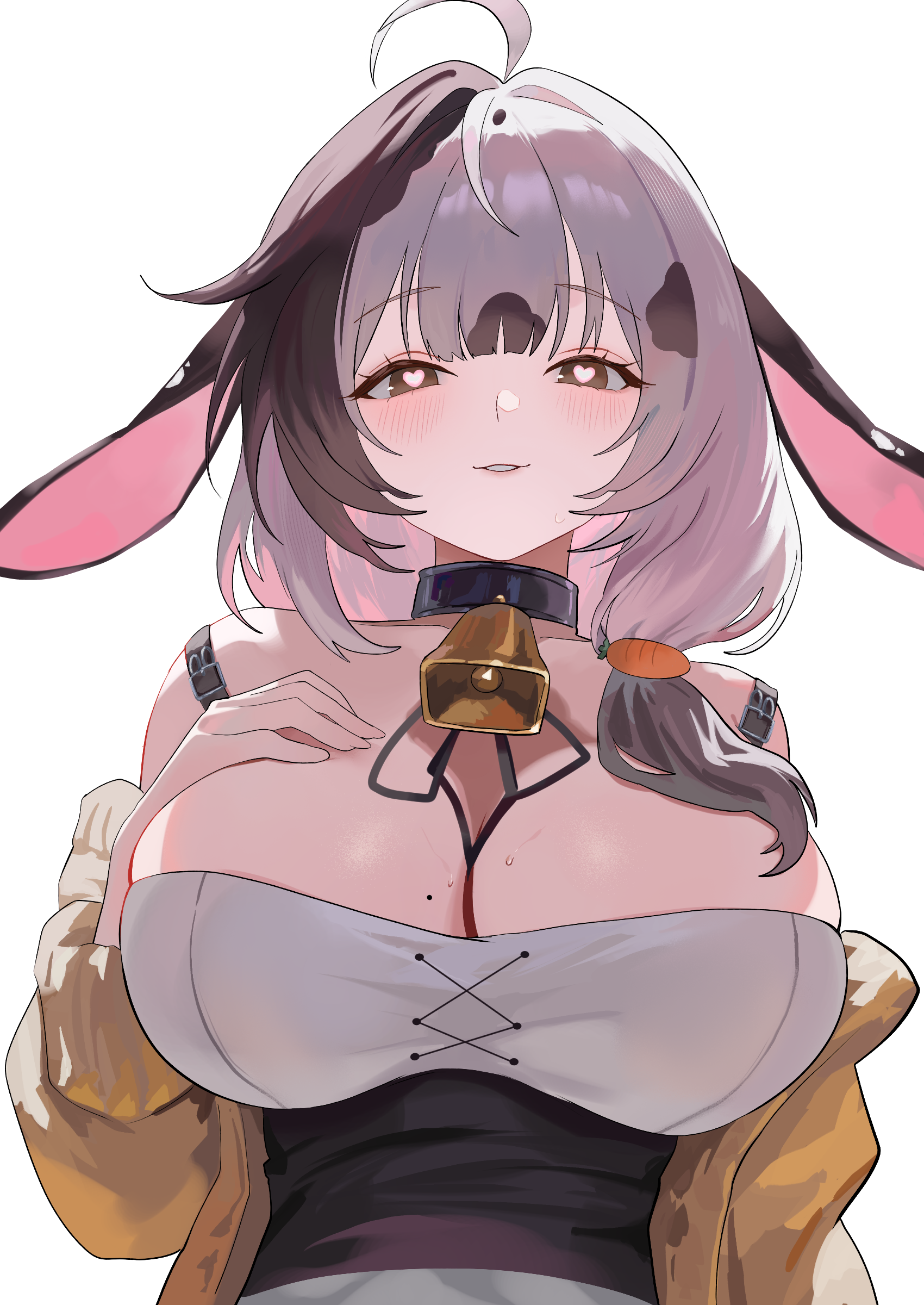 nbee ya, indie virtual youtuber, absurdres, commentary, highres, 1girl, ahoge, animal ears, arm up, bare shoulders, bell, black choker, black hair, blush, breasts, brown eyes, carrot hair ornament, choker, cleavage, cow ears, cow girl, food-themed hair ornament, hair ornament, hair over shoulder, heart, heart-shaped pupils, huge breasts, jacket, looking at viewer, multicolored hair, neck bell, off shoulder, open clothes, open jacket, parted lips, pink pupils, sidelocks, simple background, solo, symbol-shaped pupils, two-tone hair, upper body, virtual youtuber, white background, white hair, yellow jacket