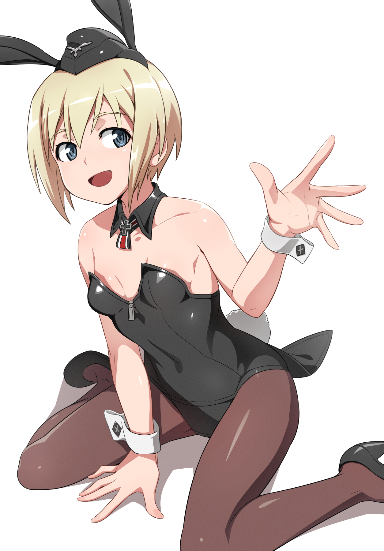 nanashino, erica hartmann, strike witches, world witches series, commentary, highres, 1girl, alternate costume, black leotard, black pantyhose, black shoes, blonde hair, blue eyes, breasts, cross, insignia, iron cross, leotard, looking at viewer, open mouth, pantyhose, playboy bunny, shoes, short hair, simple background, sitting, small breasts, solo, white background, wrist cuffs