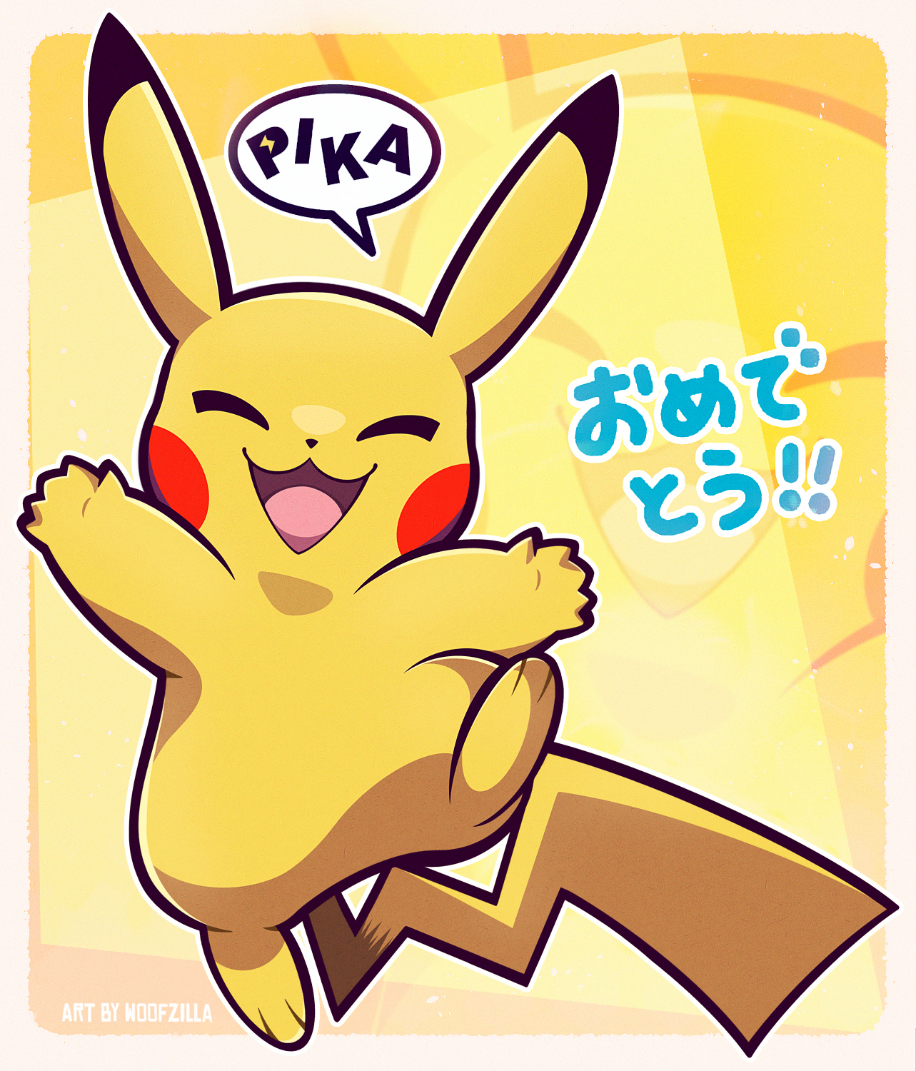 woofzilla, pikachu, nintendo, pokemon, commentary, english commentary, highres, translated, ^ ^, artist name, border, closed eyes, full body, gen 1 pokemon, happy, no humans, open mouth, pokemon (creature), solo, speech bubble, white border, yellow background