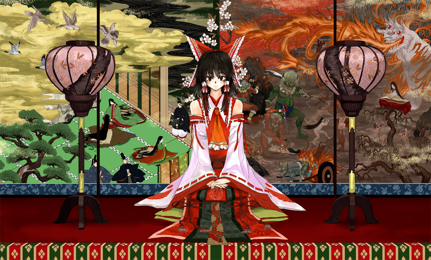 tsurui, hakurei reimu, touhou, 1girl, bare shoulders, bird, black eyes, black hair, bow, cherry blossoms, cloud, demon, detached sleeves, female focus, fine art parody, hair bow, hat, japanese clothes, jewelry, lantern, looking at viewer, miko, monster, necklace, nihonga, oni, own hands together, parody, seiza, sitting, skull, skull necklace, smile, solo, sword, tassel, tate eboshi, tree, v arms, weapon, wide sleeves