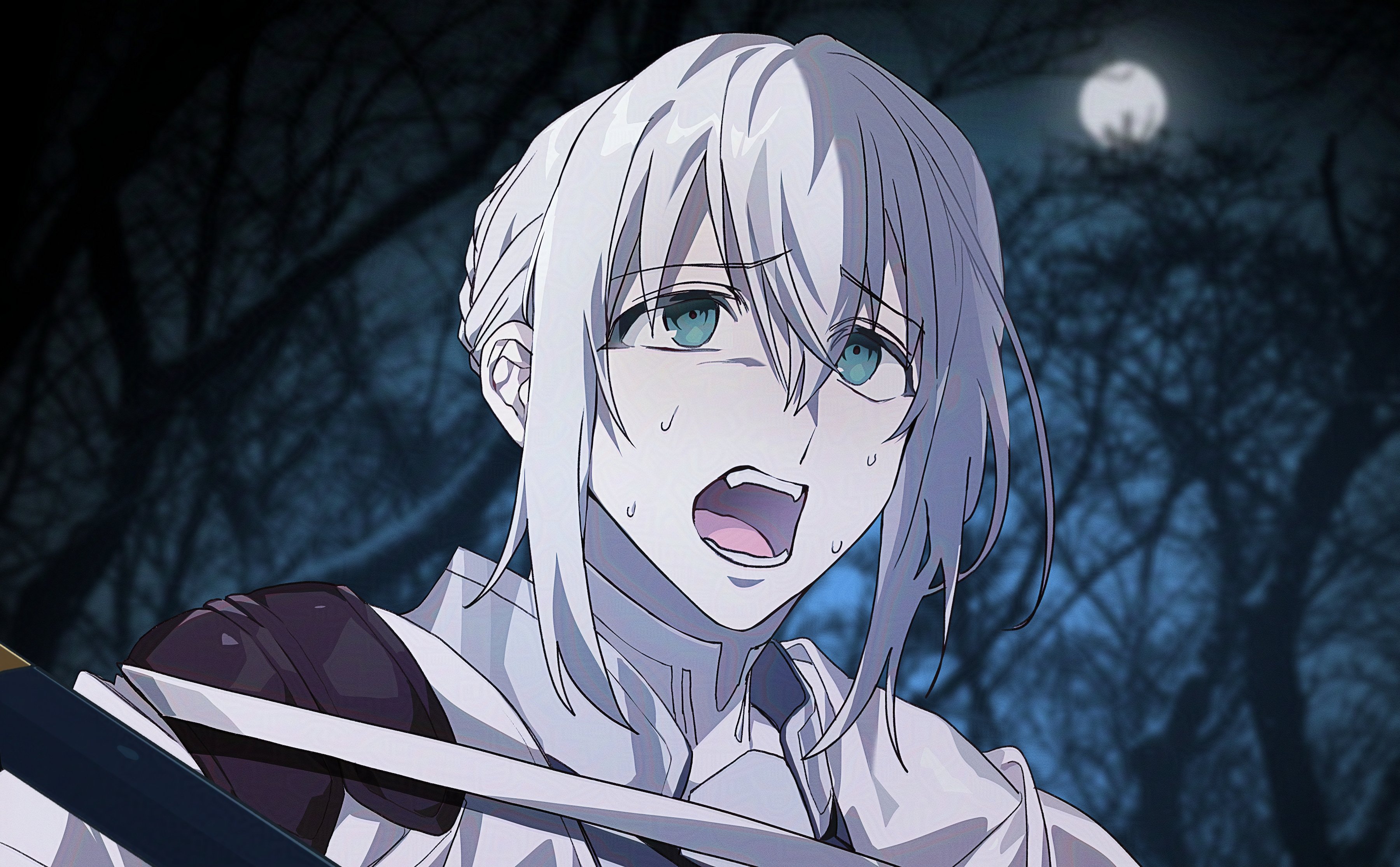0304rong0304, bedivere (fate), fate/grand order, fate (series), absurdres, commentary request, highres, korean commentary, 1boy, armor, blue eyes, braid, forest, full moon, grey hair, male focus, moon, nature, night, open mouth, photo background, portrait, sidelocks, solo, sweat