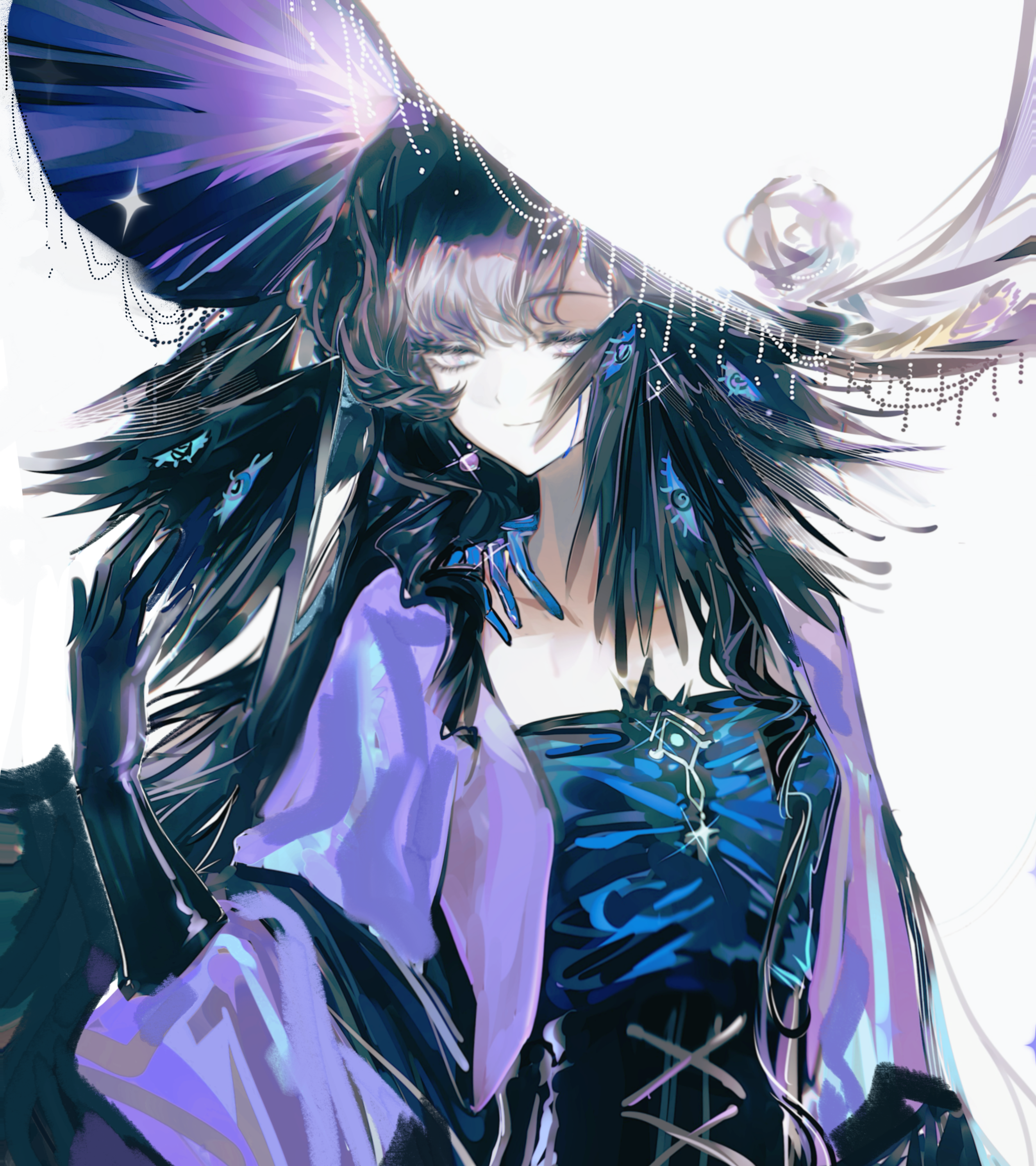 weiyan (nbnbmwnl), isolde (reverse:1999), reverse:1999, absurdres, commentary request, highres, 1girl, alternate costume, black dress, black gloves, black hair, dress, gloves, hand up, hat, long hair, looking at viewer, purple eyes, purple sleeves, solo, upper body, white background