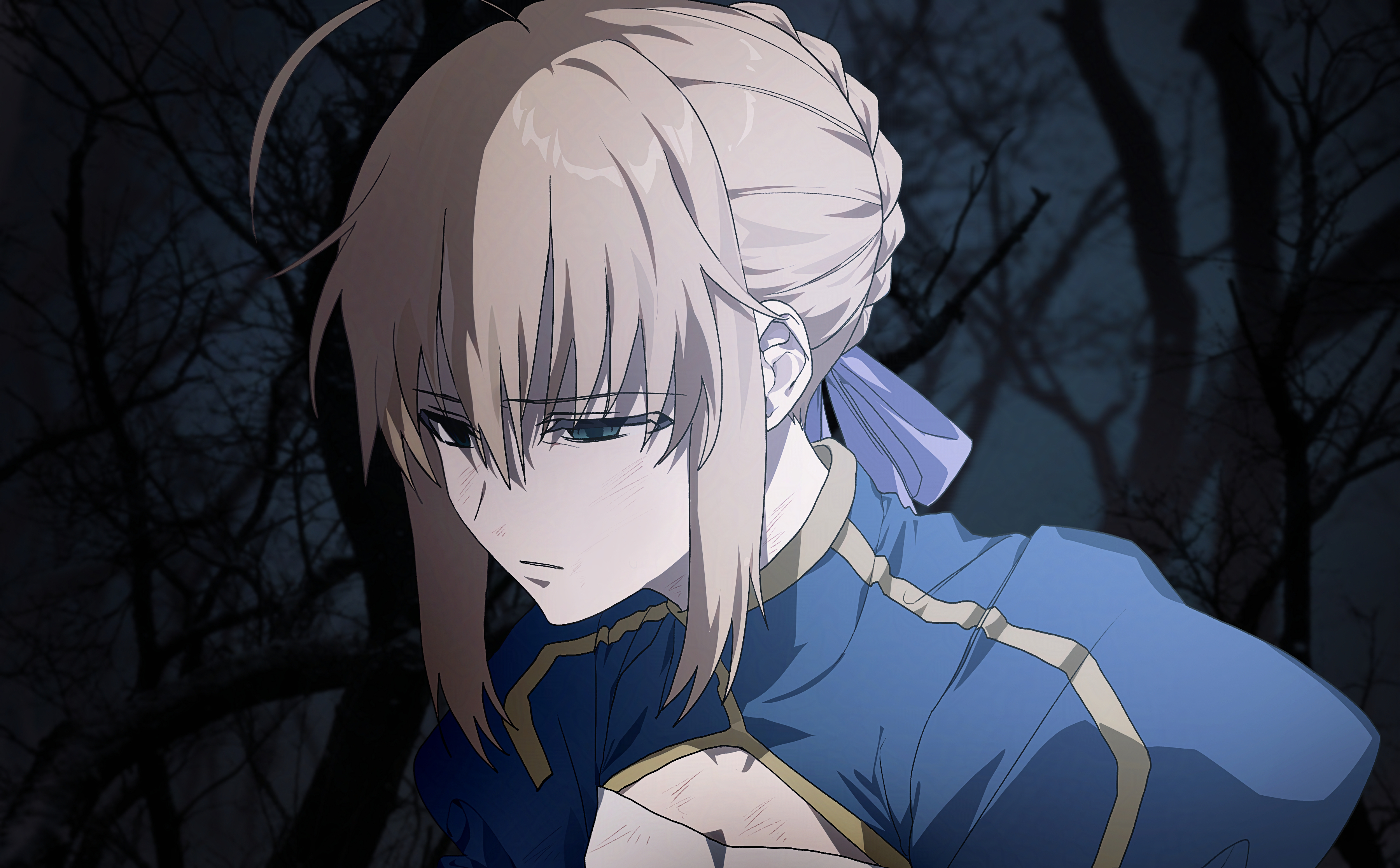 0304rong0304, artoria pendragon (fate), saber (fate), fate/stay night, fate (series), absurdres, commentary request, highres, korean commentary, 1girl, ahoge, braid, cleavage cutout, clothing cutout, expressionless, forest, hair ribbon, half-closed eyes, nature, night, photo background, portrait, ribbon, sidelocks, solo