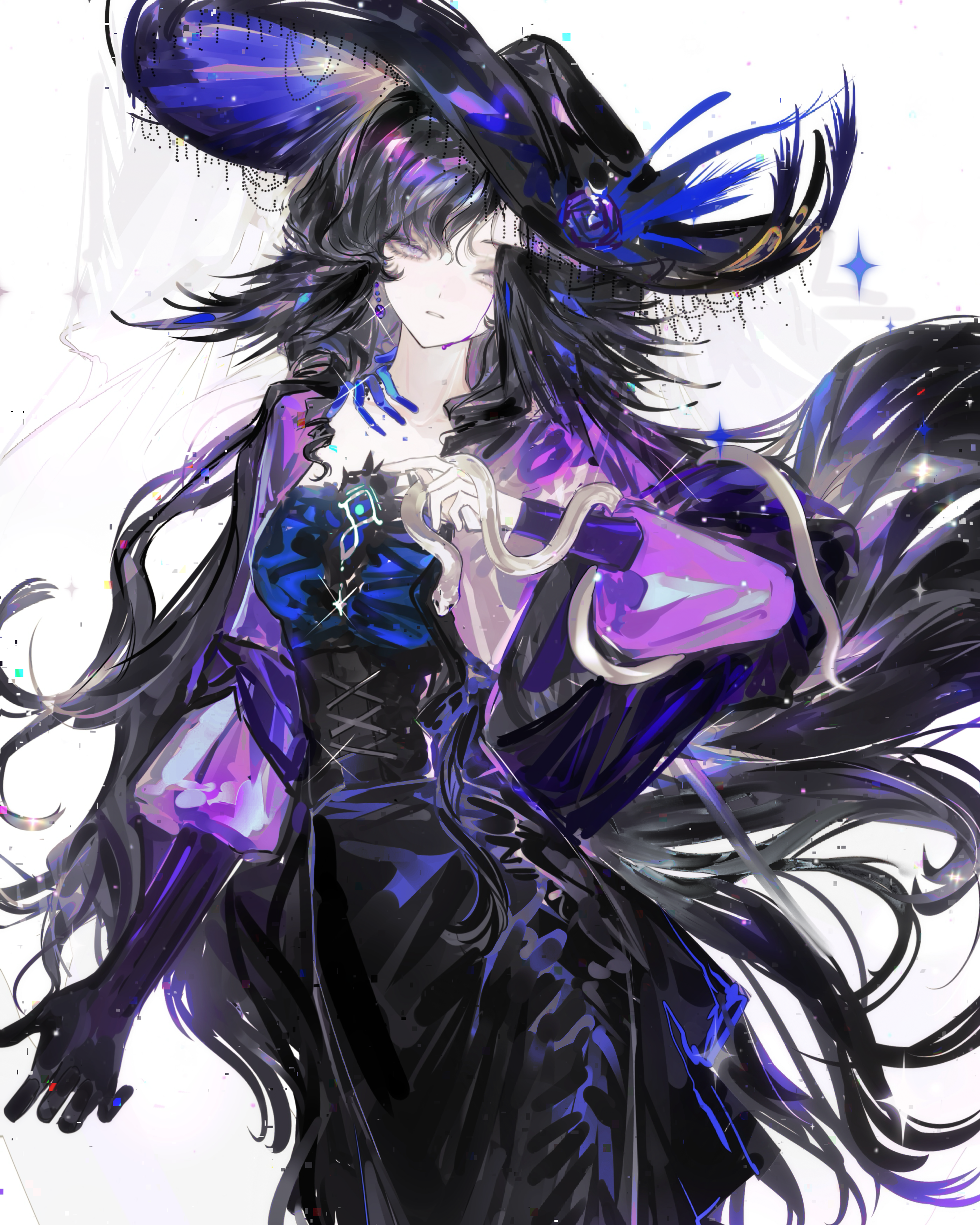 weiyan (nbnbmwnl), isolde (reverse:1999), reverse:1999, absurdres, commentary request, highres, 1girl, alternate costume, black dress, black gloves, black hair, cowboy shot, dress, floating hair, gloves, hand up, hat, long hair, looking at viewer, purple eyes, purple sleeves, single glove, smile, solo, very long hair, white background