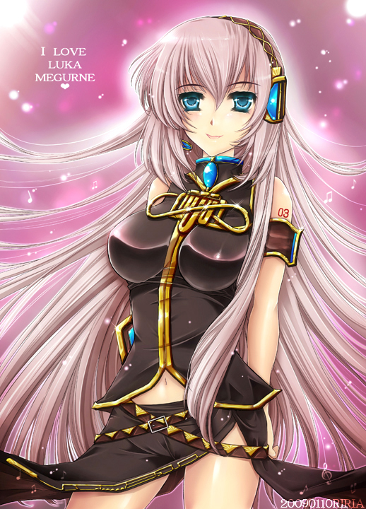 riria, megurine luka, vocaloid, 1girl, 2009, :d, armband, arms behind back, artist name, bare arms, bare legs, bare shoulders, belt, black skirt, blue eyes, blue gemstone, blush, breasts, brooch, character name, dated, english text, female focus, gem, hair between eyes, hair ornament, headphones, headset, heart, jewelry, large breasts, legs, light particles, long hair, long skirt, looking at viewer, multiple belts, musical note, navel, open mouth, pink hair, purple background, skirt, sleeveless, sleeveless turtleneck, smile, solo, standing, tattoo, turtleneck, upskirt, very long hair