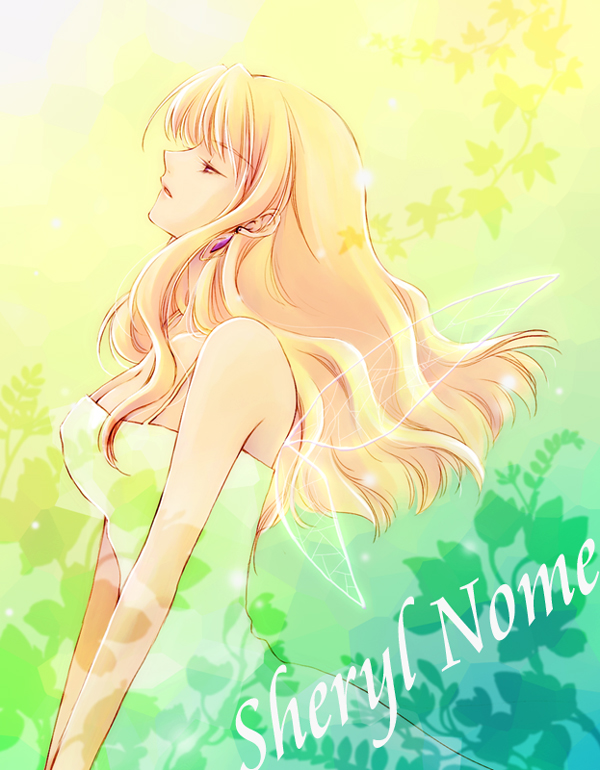 takafuji yuna, sheryl nome, macross, macross frontier, bad id, bad pixiv id, 00s, blonde hair, blue hair, dress, earrings, jewelry, long hair, solo, wings