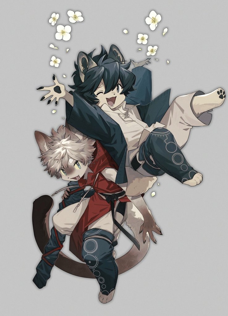 fuji 166, original, 2boys, animal feet, black eyes, black hair, black jacket, body fur, brown hair, cat boy, claws, digitigrade, dog boy, fang, flower, full body, green eyes, grey background, jacket, male focus, multiple boys, one eye closed, short hair, simple background, tail, white flower, yellow fur
